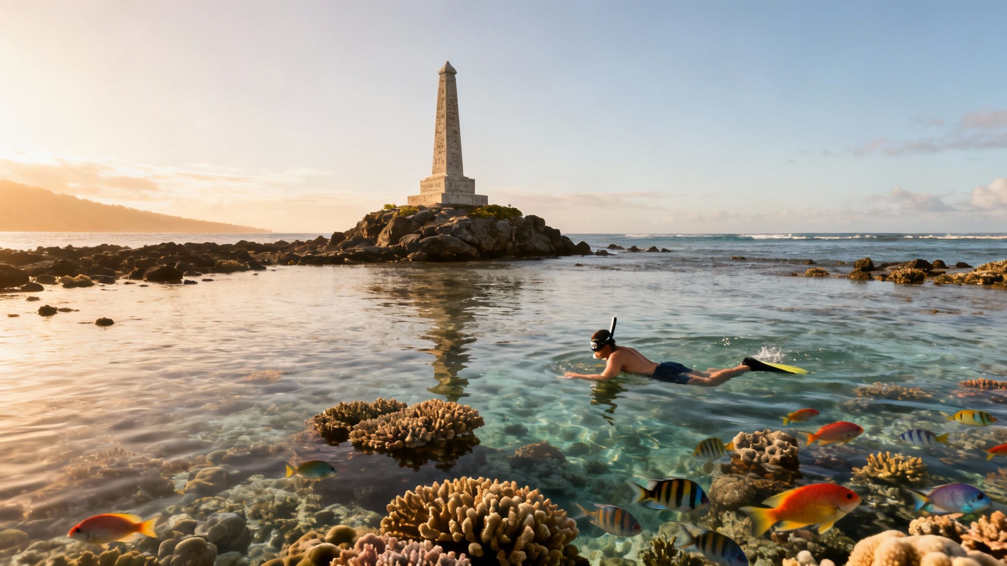 A person snorkels among vibrant coral reefs and colorful fish near a historic monument at sunset.