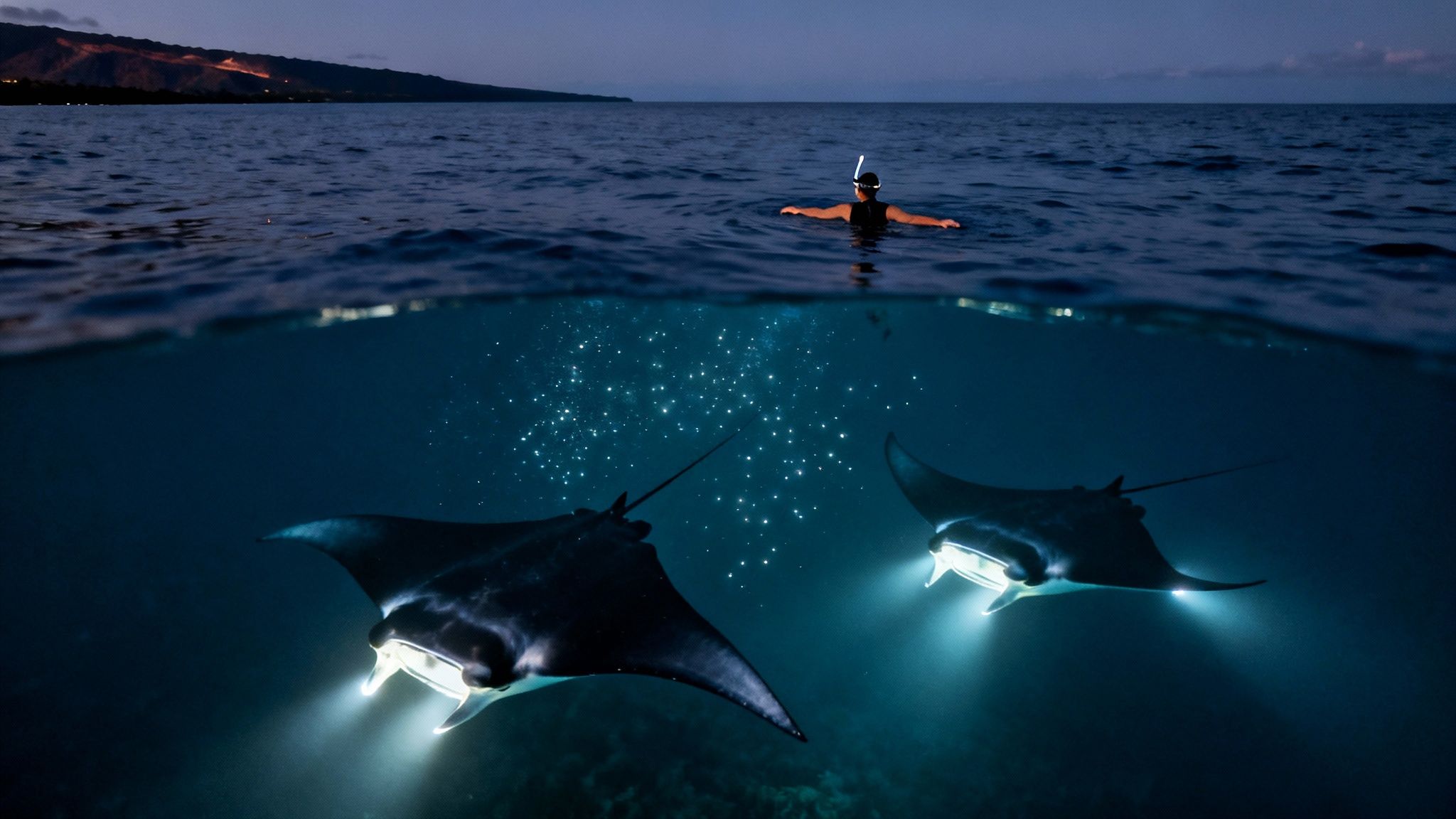 A person night snorkeling with two illuminated manta rays feeding on plankton underwater.