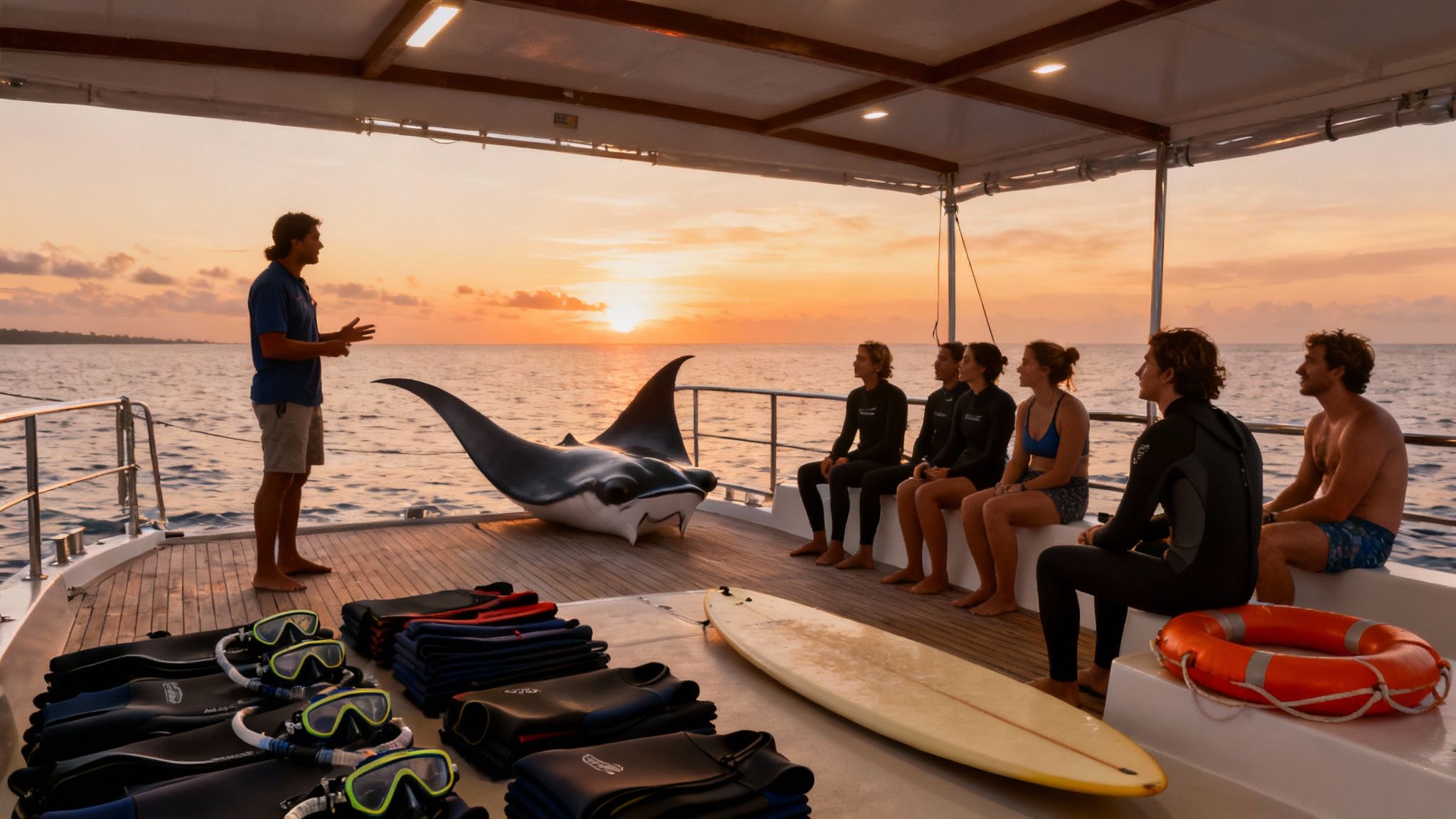 A group listens to an instructor on a boat deck at sunset, with a manta ray model and gear.