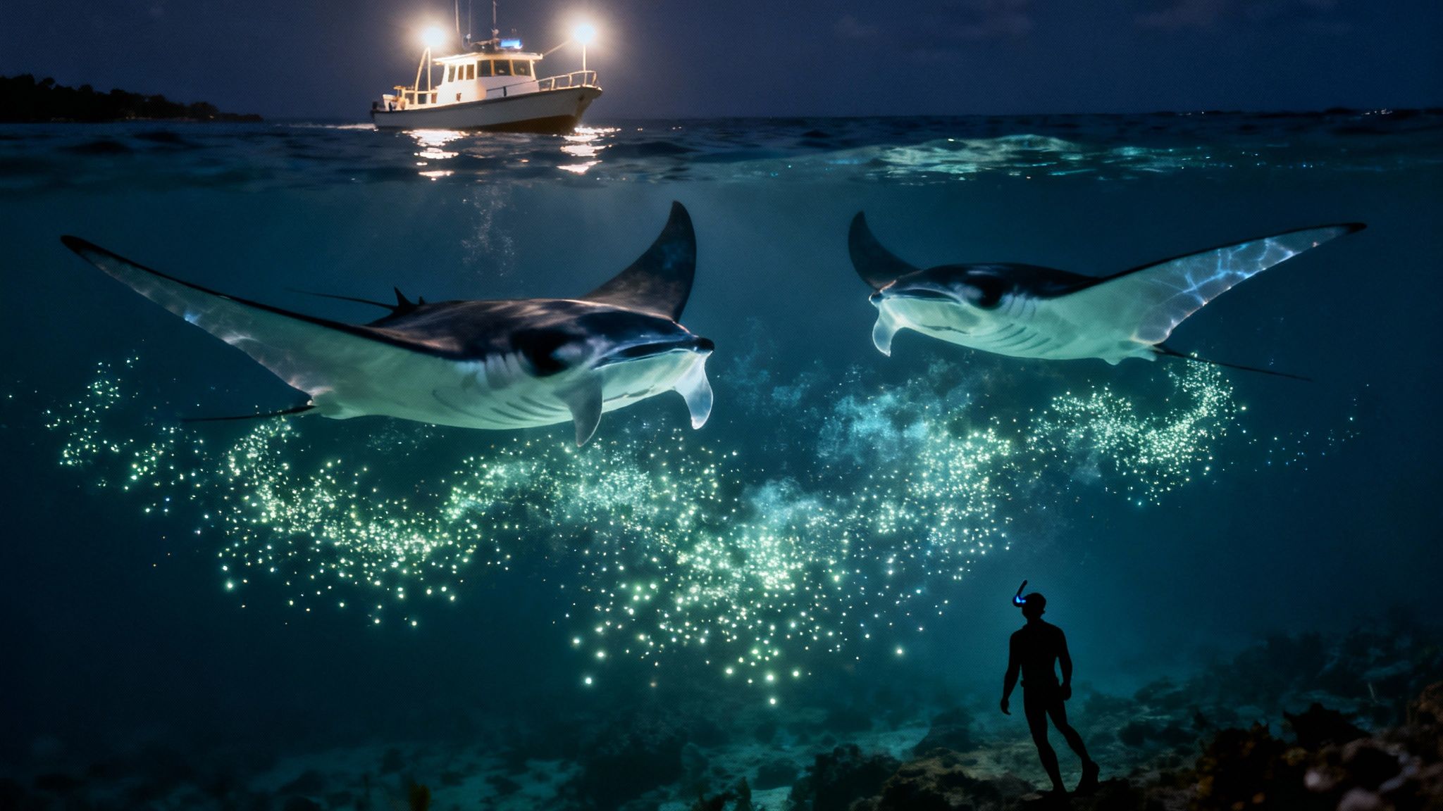 A giant manta ray gracefully glides through the water during a night snorkel tour.