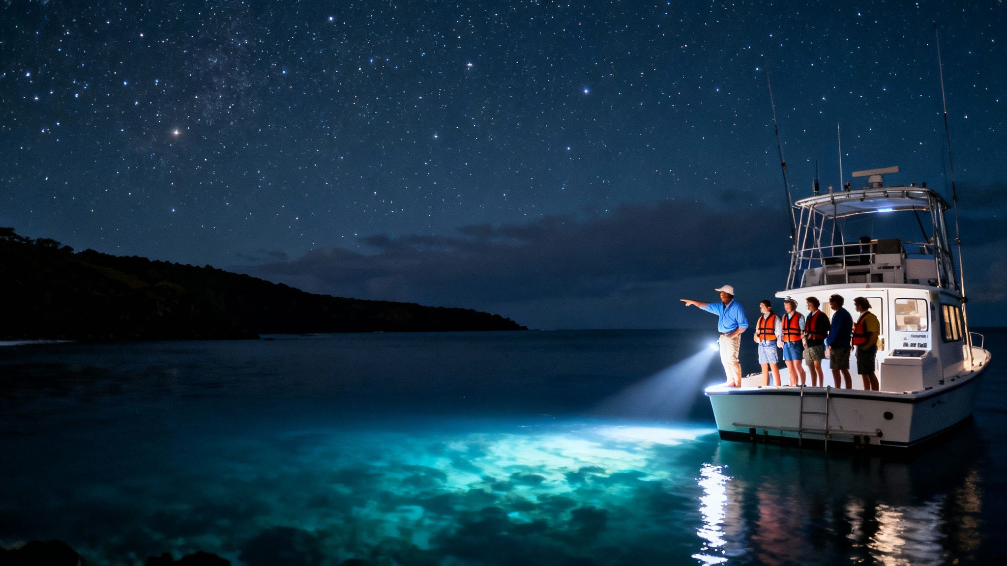 Boat at night with people, spotlight on clear water, under a starry sky near an island.