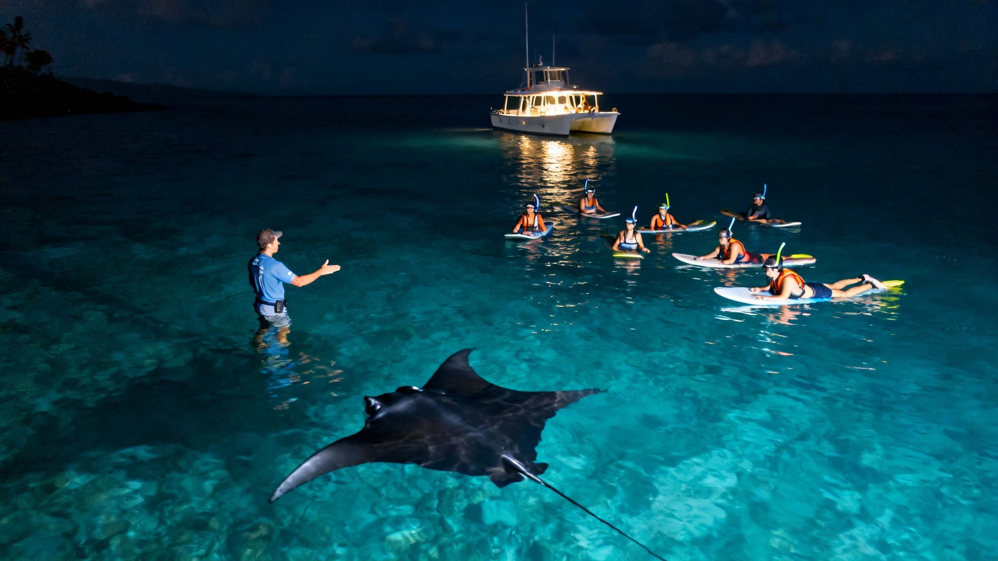 People snorkeling at night with giant manta rays and a guide in illuminated ocean water.