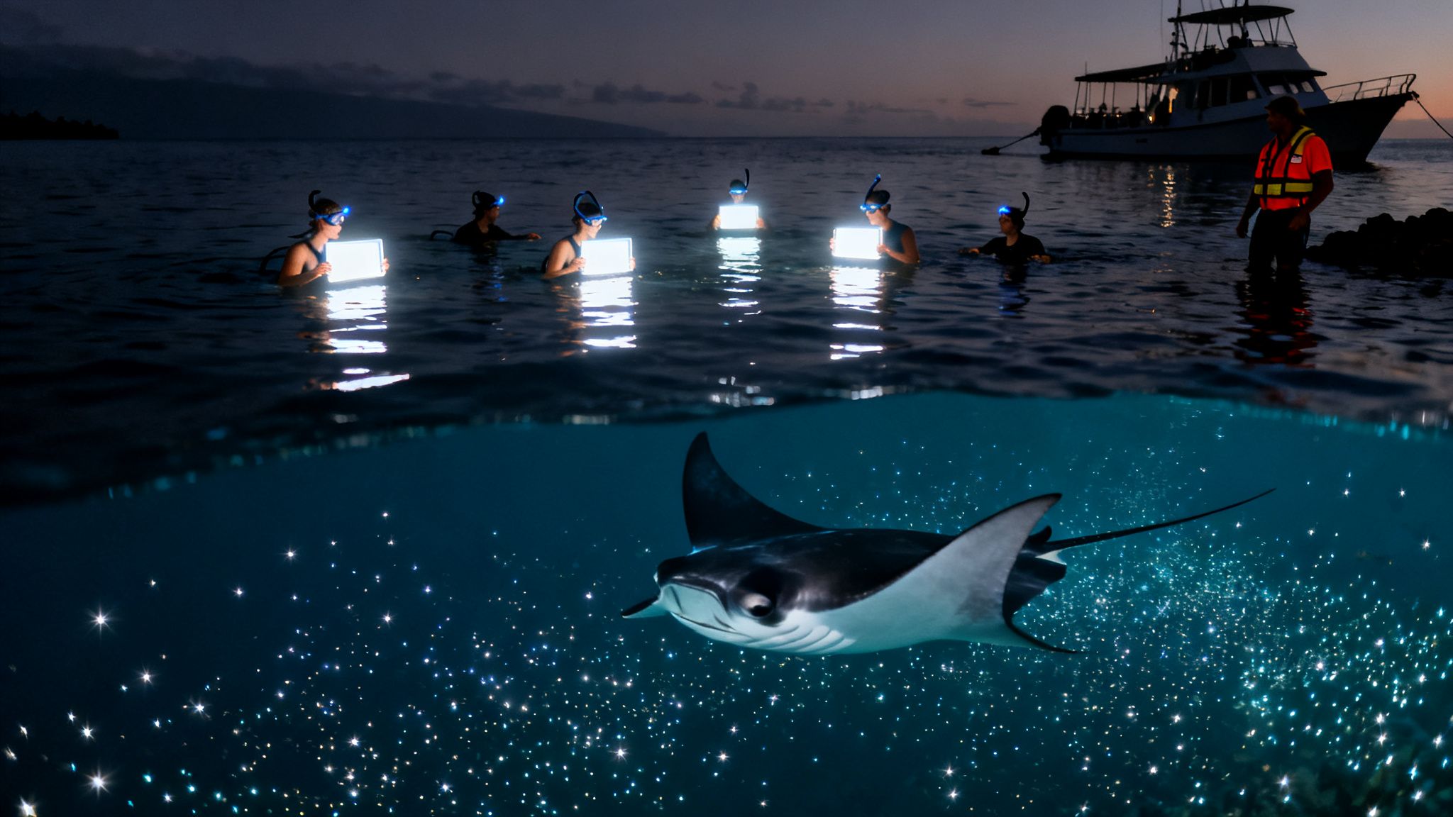 Snorkelers hold bright lights above water, attracting a manta ray in glowing bioluminescent ocean.