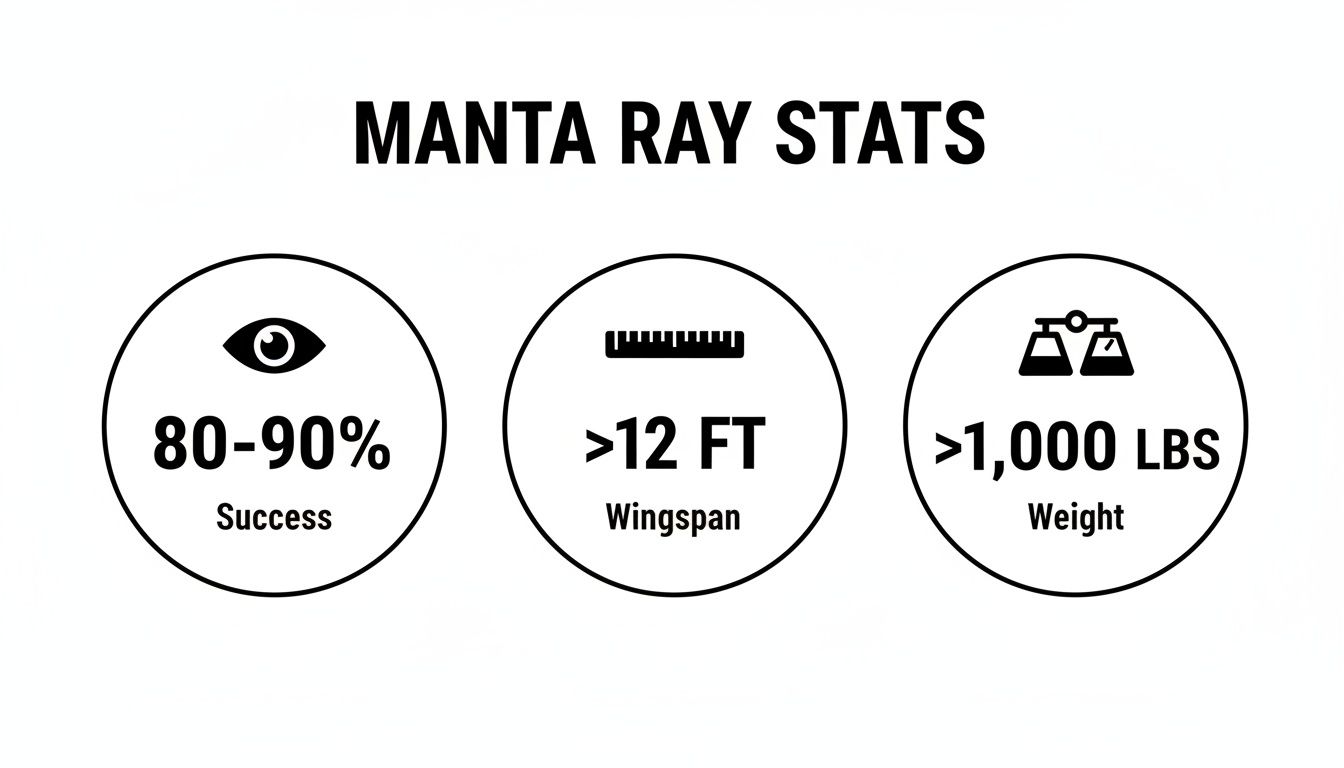 An infographic titled 'Manta Ray Stats' showing success 80-90%, wingspan >12 ft, and weight >1,000 lbs.