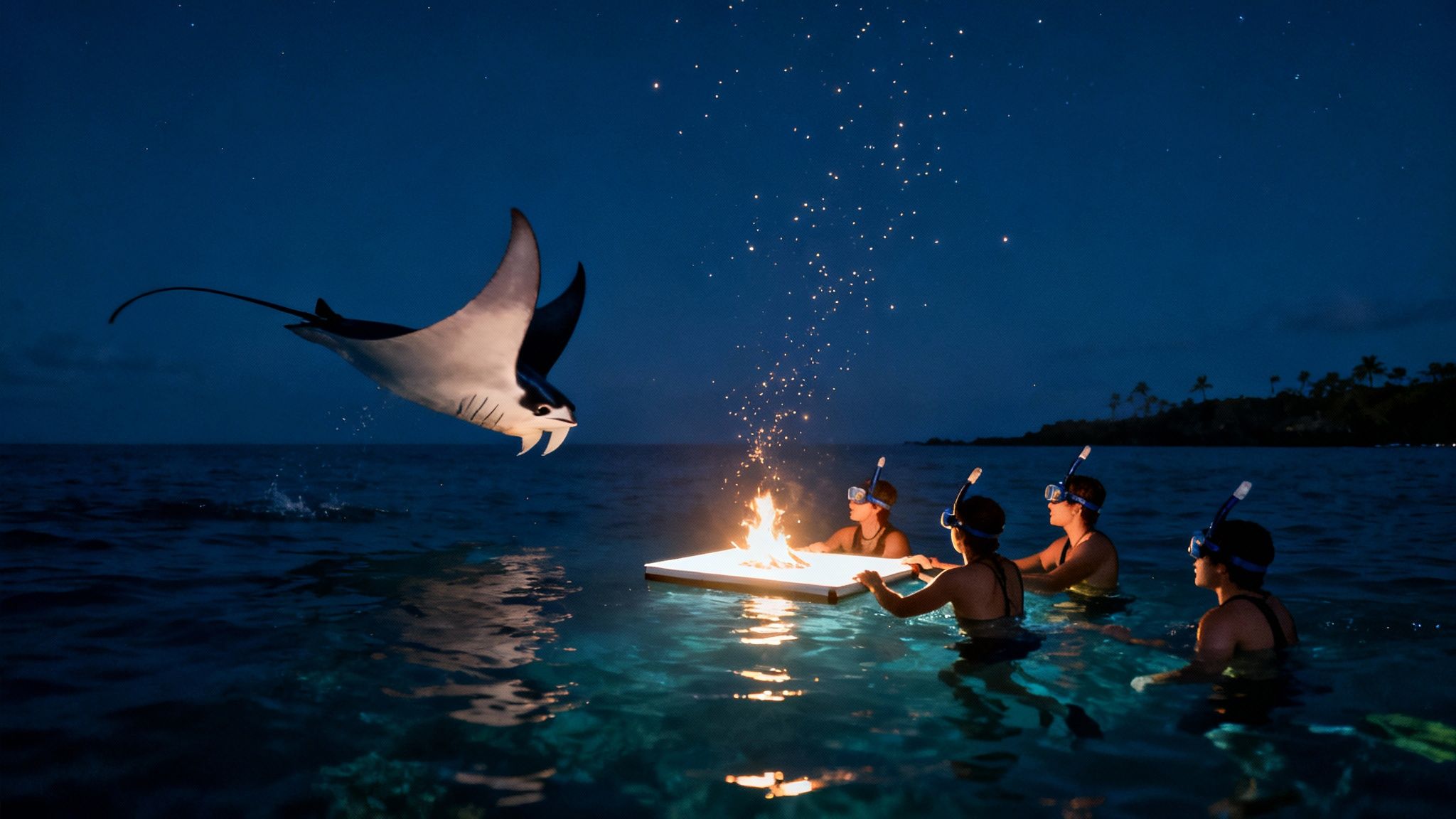 People snorkeling at night, observing a majestic manta ray jumping near a floating bonfire.