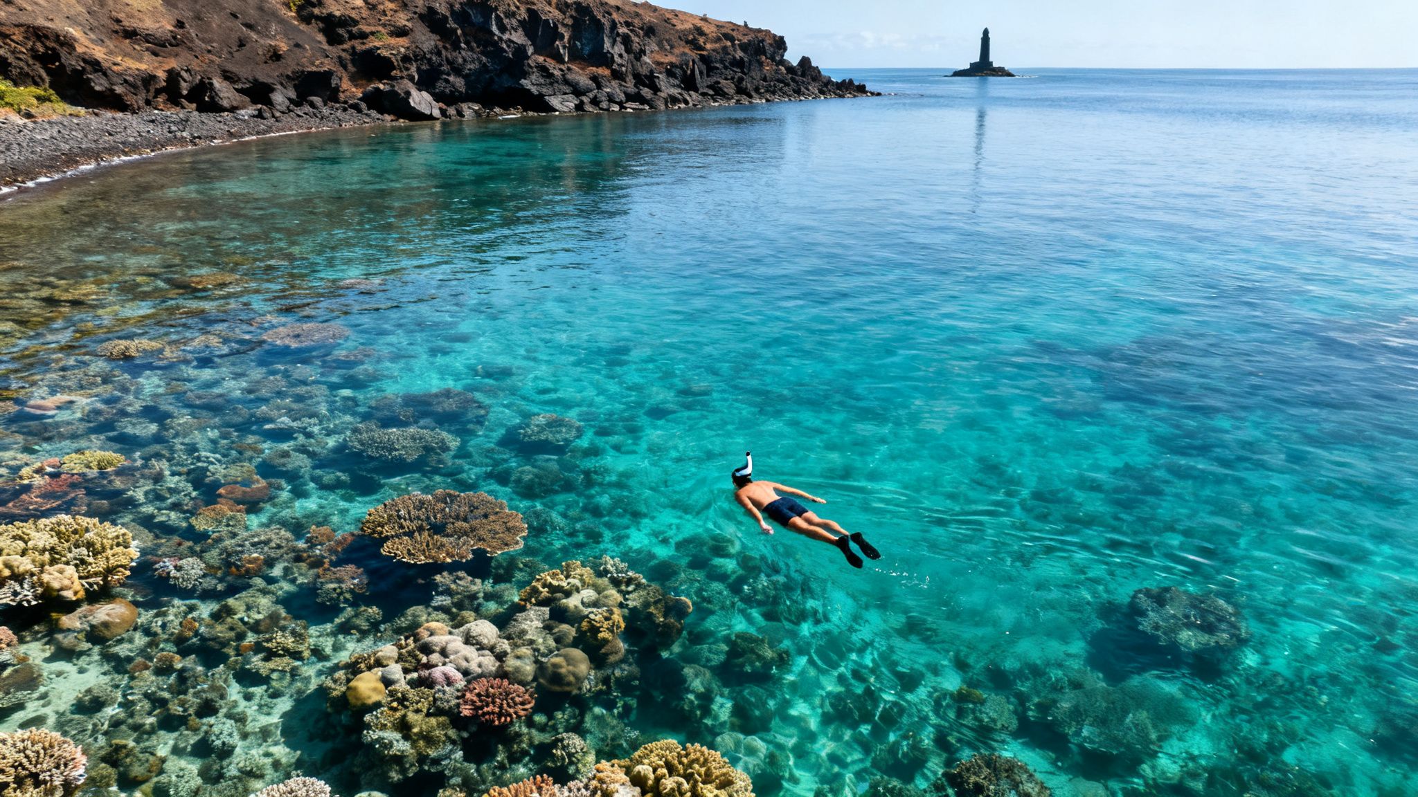 A person snorkeling in crystal-clear turquoise water over a coral reef near a rocky coast and distant lighthouse.