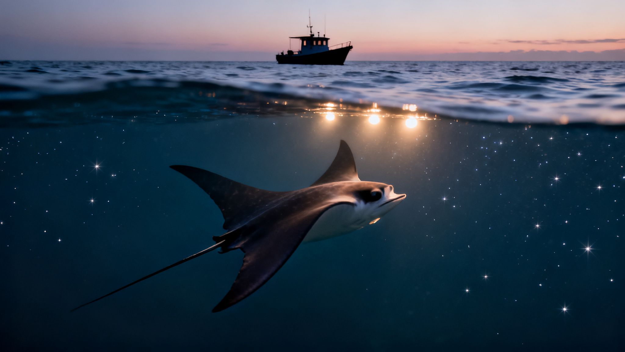 A majestic spotted eagle ray swims underwater with a boat silhouetted on the ocean surface at sunset.