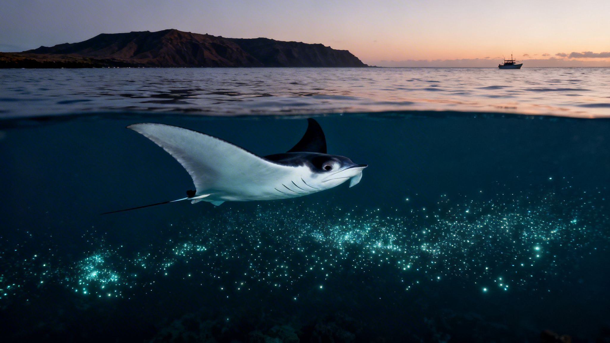 A manta ray swims among glowing plankton in a split-level shot at sunset, showing an island and boat.
