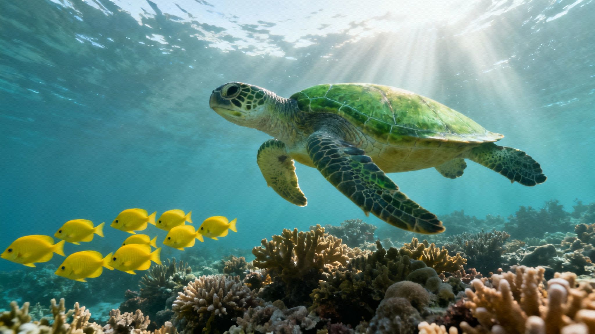 A green sea turtle swims over a coral reef with yellow fish, sun rays in clear blue water.