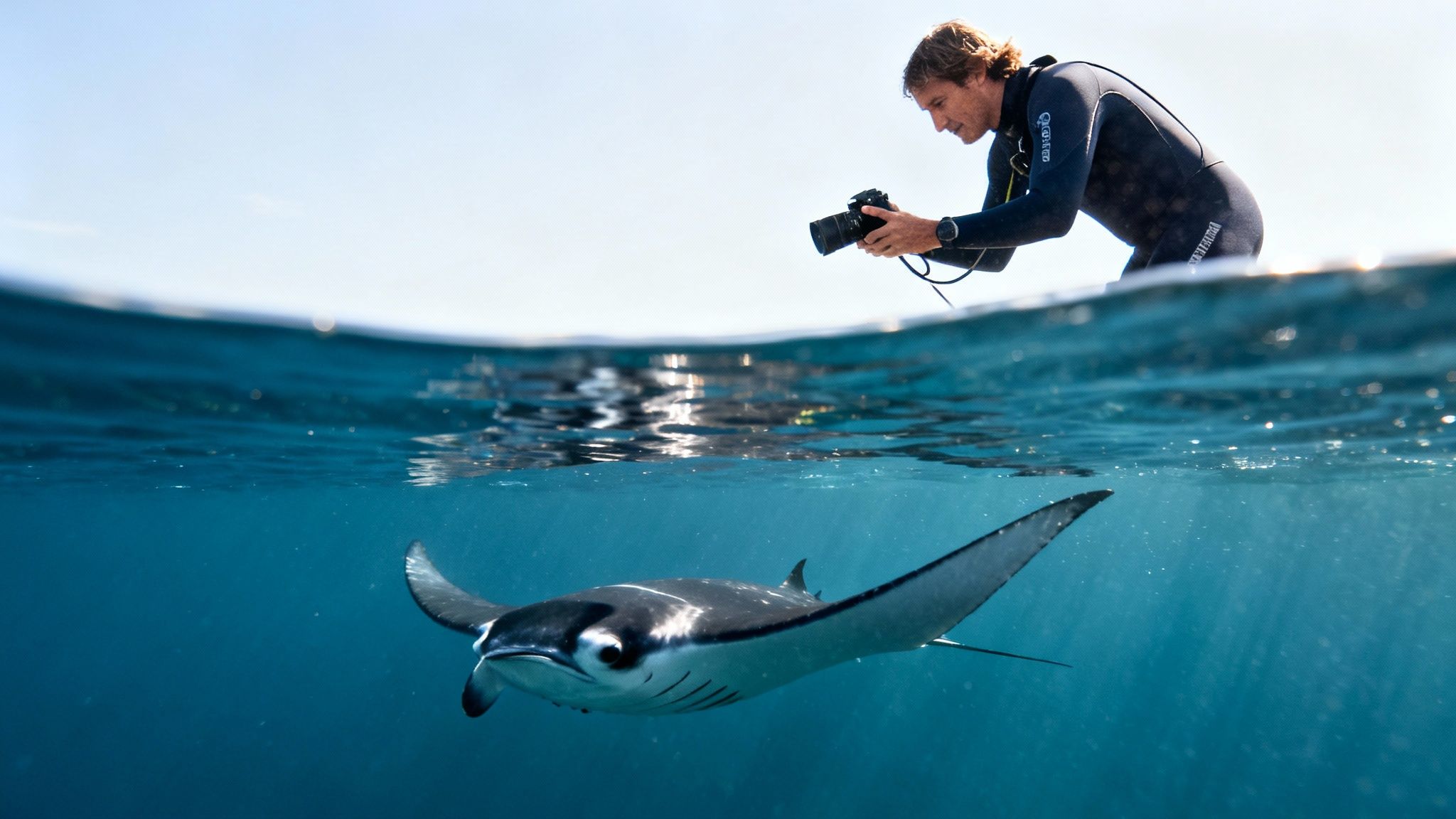 A split-level view of a diver with a camera above water and a graceful manta ray below.
