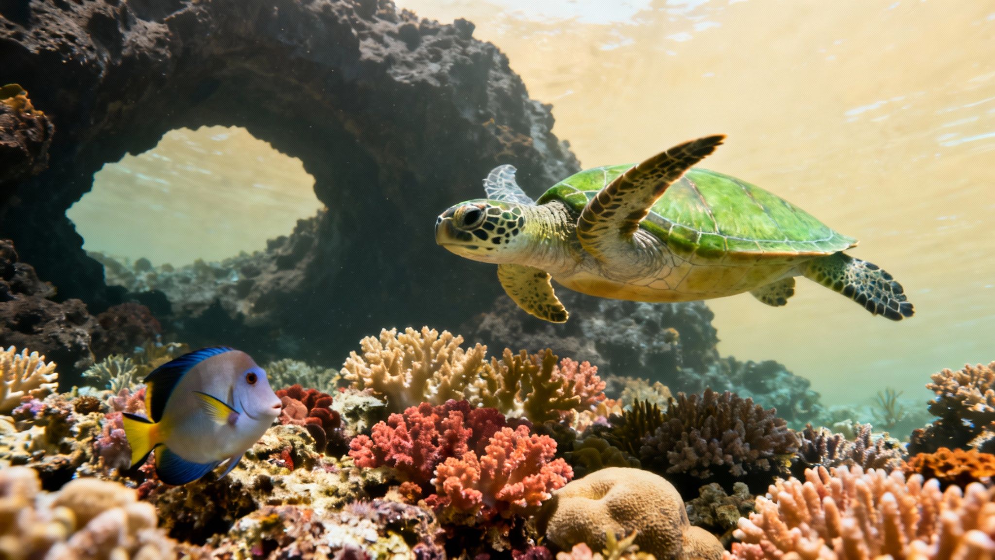 Green sea turtle gracefully swims above vibrant coral reefs with a tropical fish and an underwater arch.