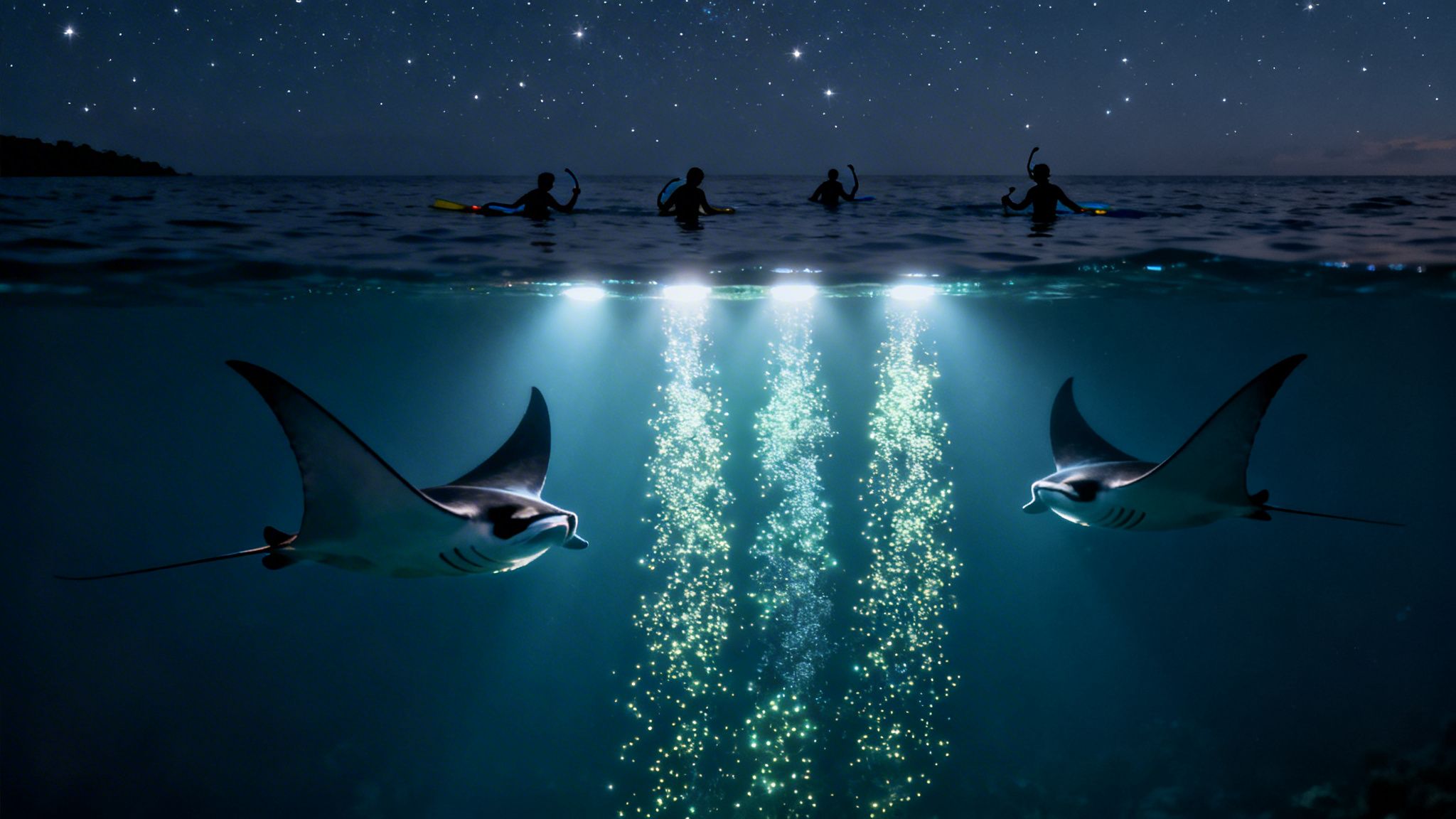 Nighttime ocean scene with snorkelers watching illuminated manta rays under a starry sky.