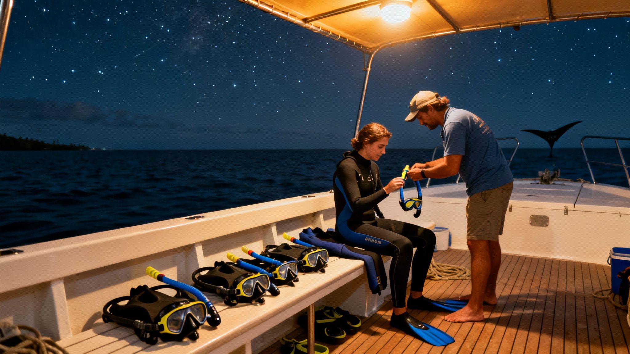 Two people on a boat at night preparing for a snorkel dive under a starry sky, a whale tail visible.