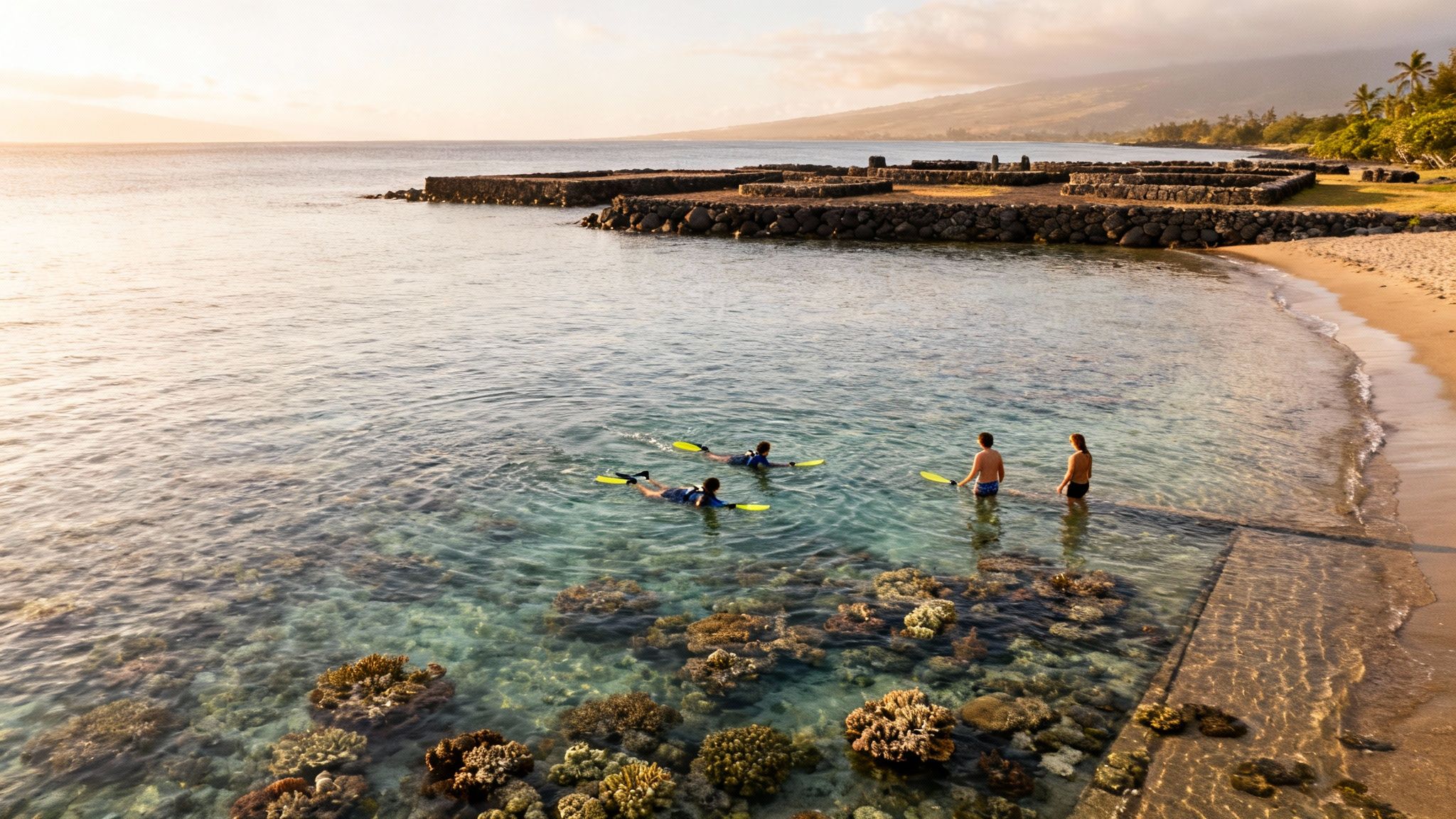 People snorkeling in clear water over coral reefs near a sandy beach with ancient stone structures at sunset.