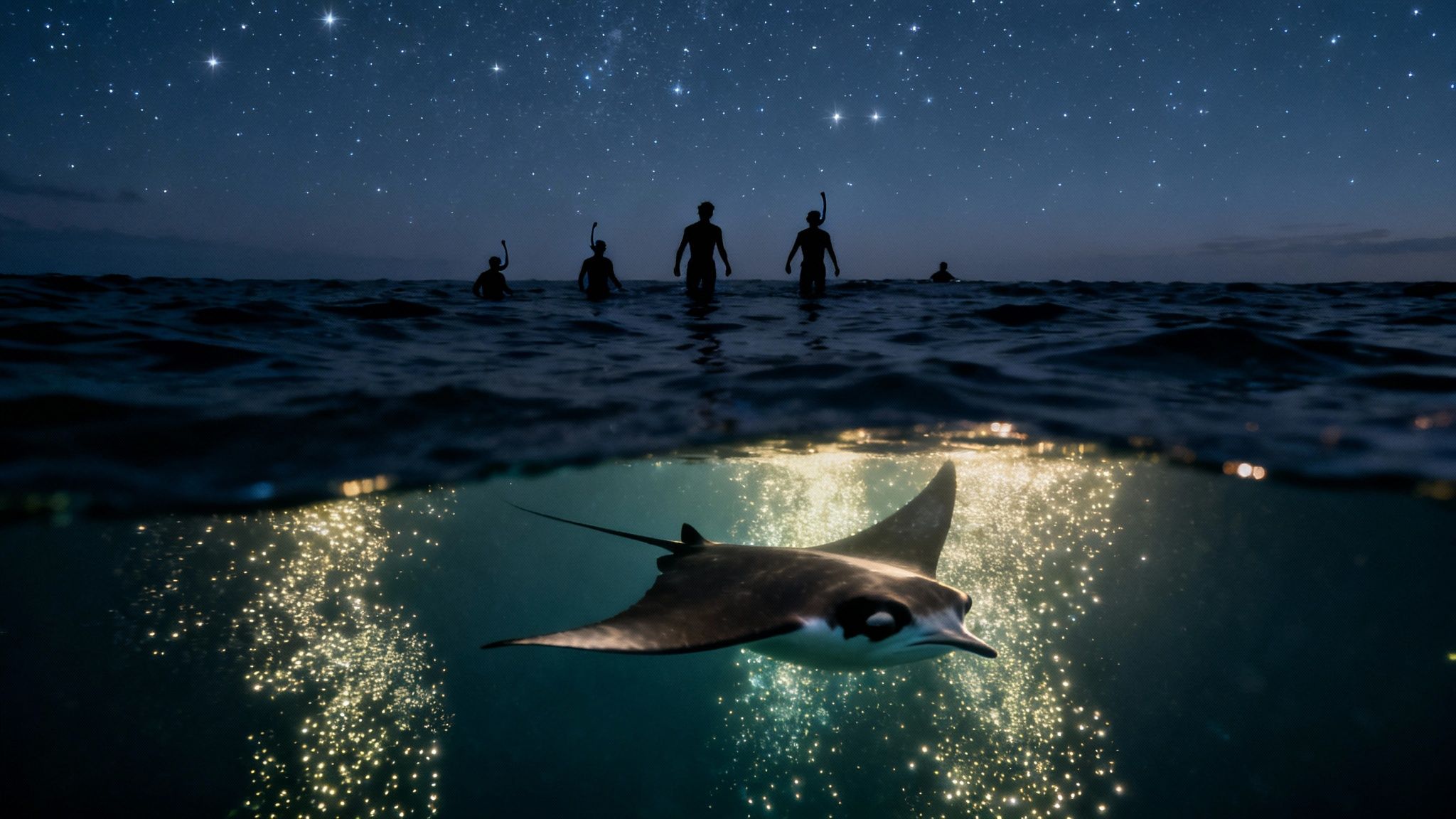 A breathtaking split-shot of snorkelers under a starry night sky and a manta ray in bioluminescent waters.