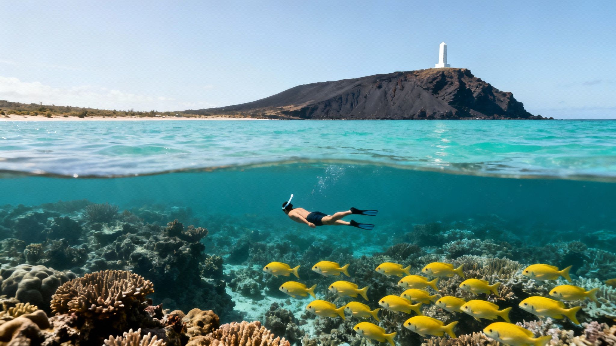 Snorkeler exploring a vibrant coral reef with yellow fish, and a scenic island with a lighthouse.