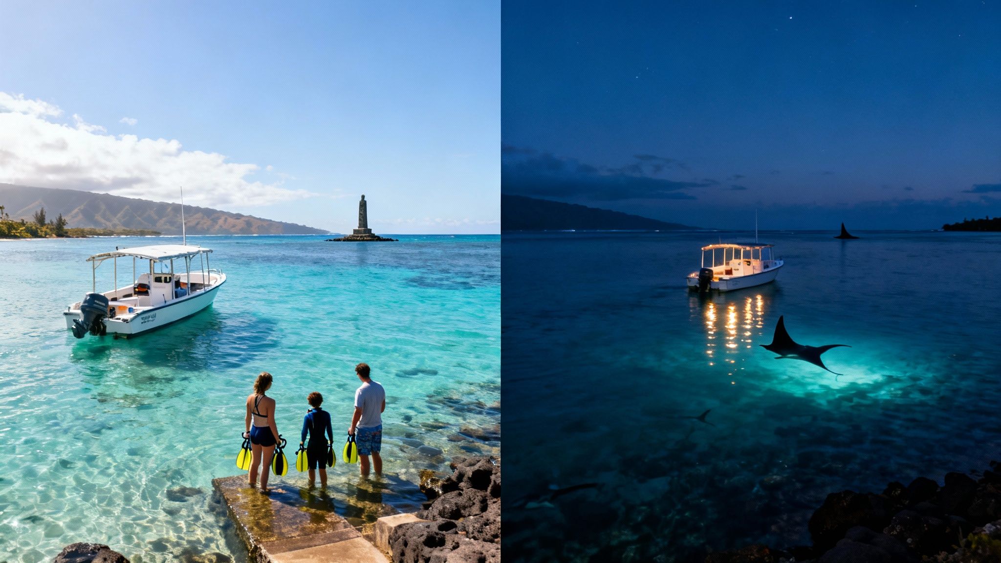 Day and night views of a tropical ocean bay with a boat, snorkelers, and a manta ray.