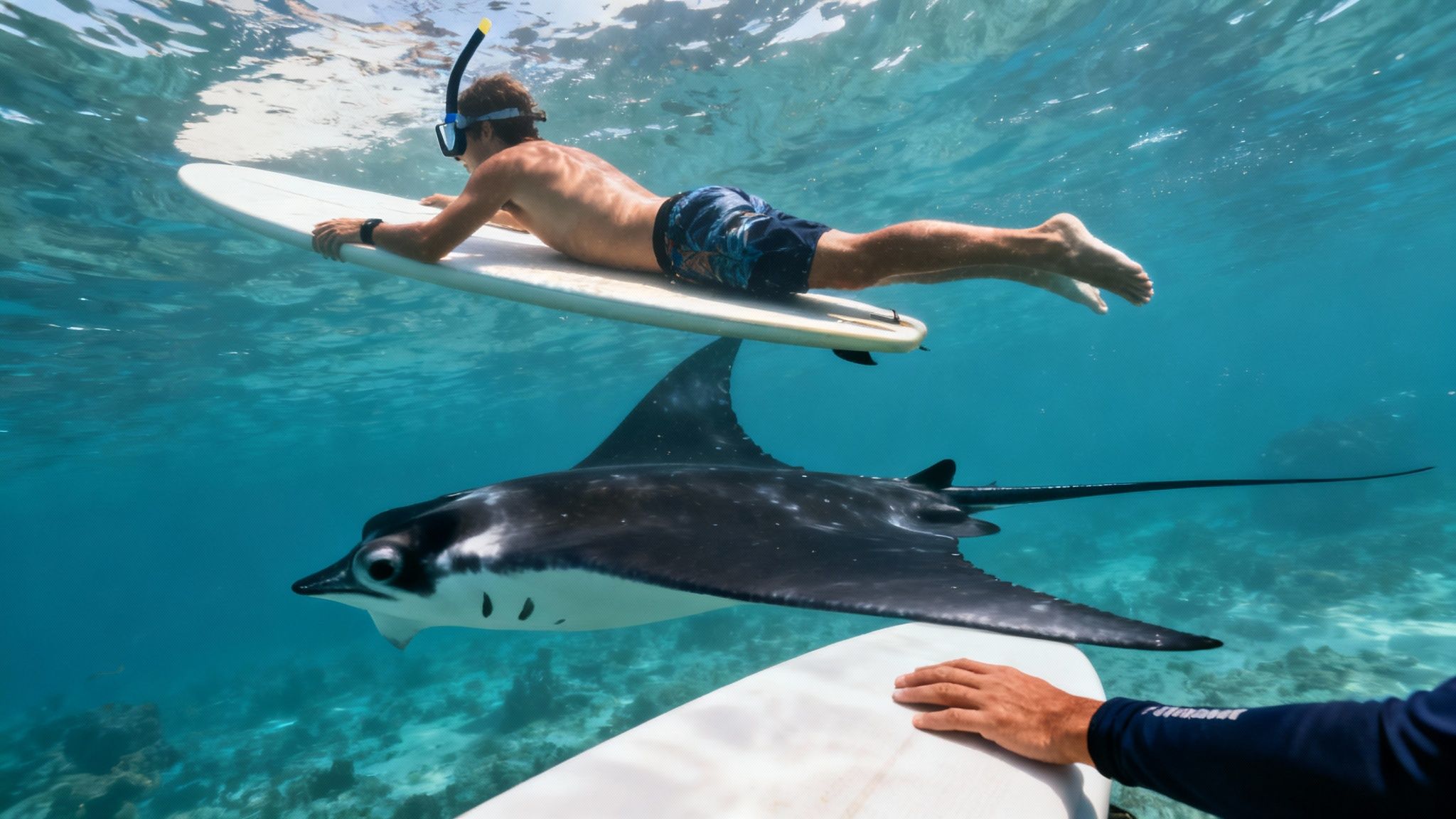 A man on a surfboard snorkels above a large manta ray in clear blue ocean water.