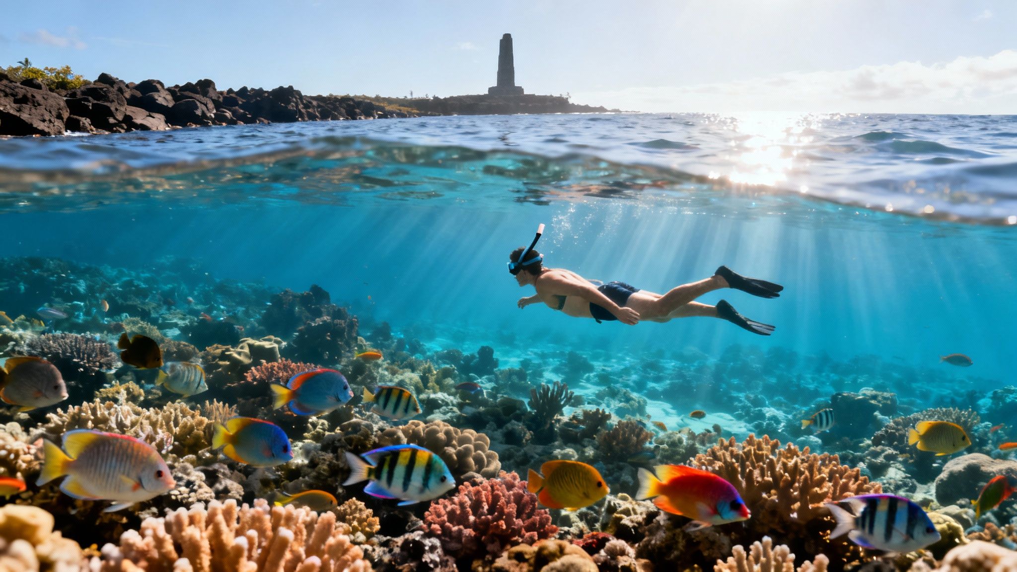 Split-level view showing a snorkeler above a vibrant coral reef and rocky coast with a monument.