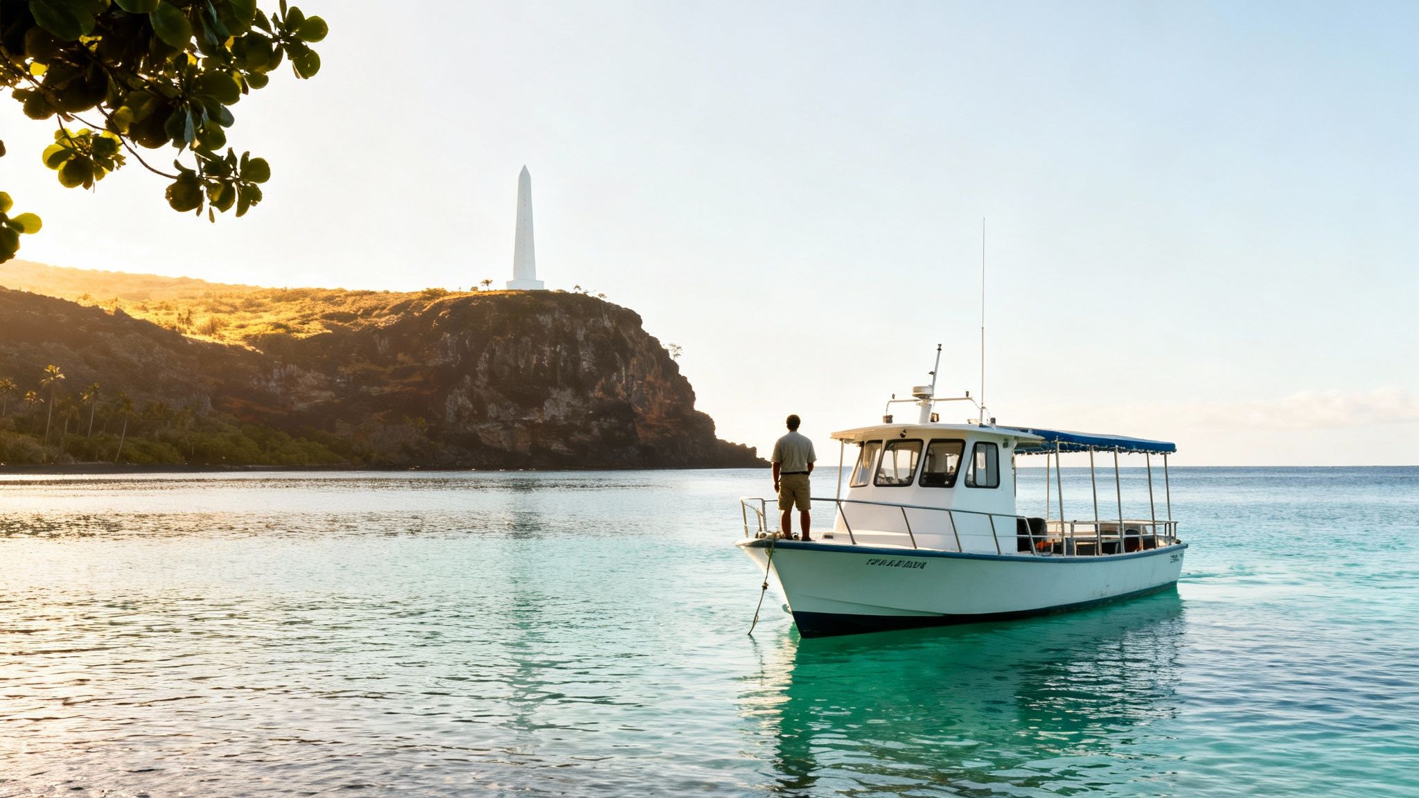 Man on boat in clear tropical water facing a sunlit cliff with a white monument.