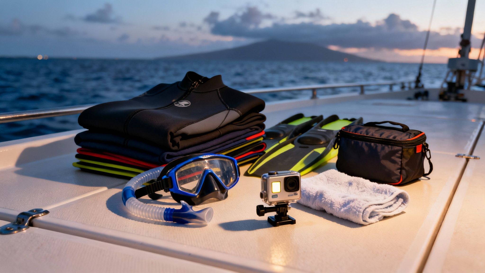 Snorkeling equipment including wetsuits, mask, fins, GoPro, and a towel on a boat deck with ocean views.