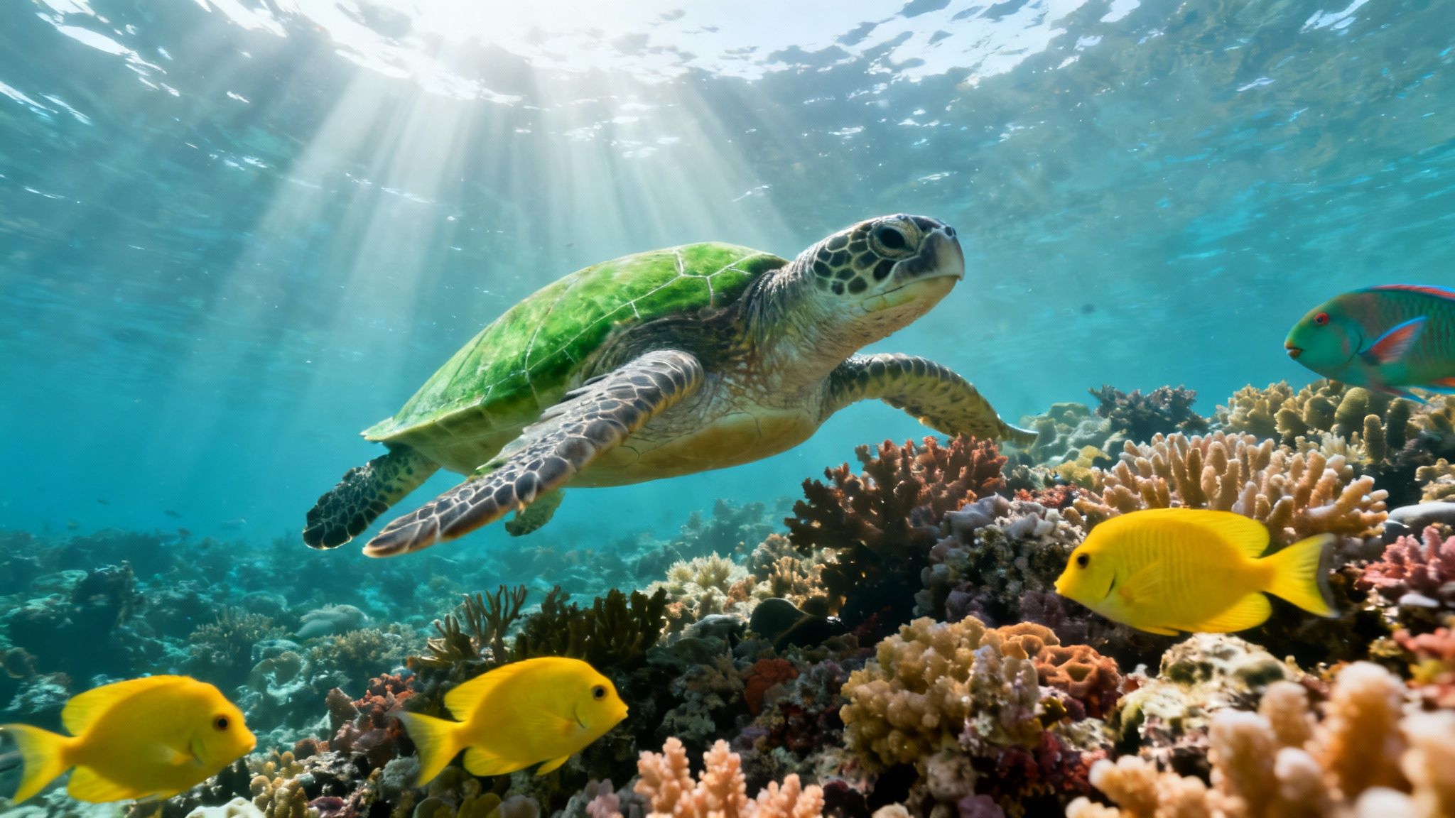 A majestic green sea turtle swims above a colorful coral reef with bright fish in clear blue water.