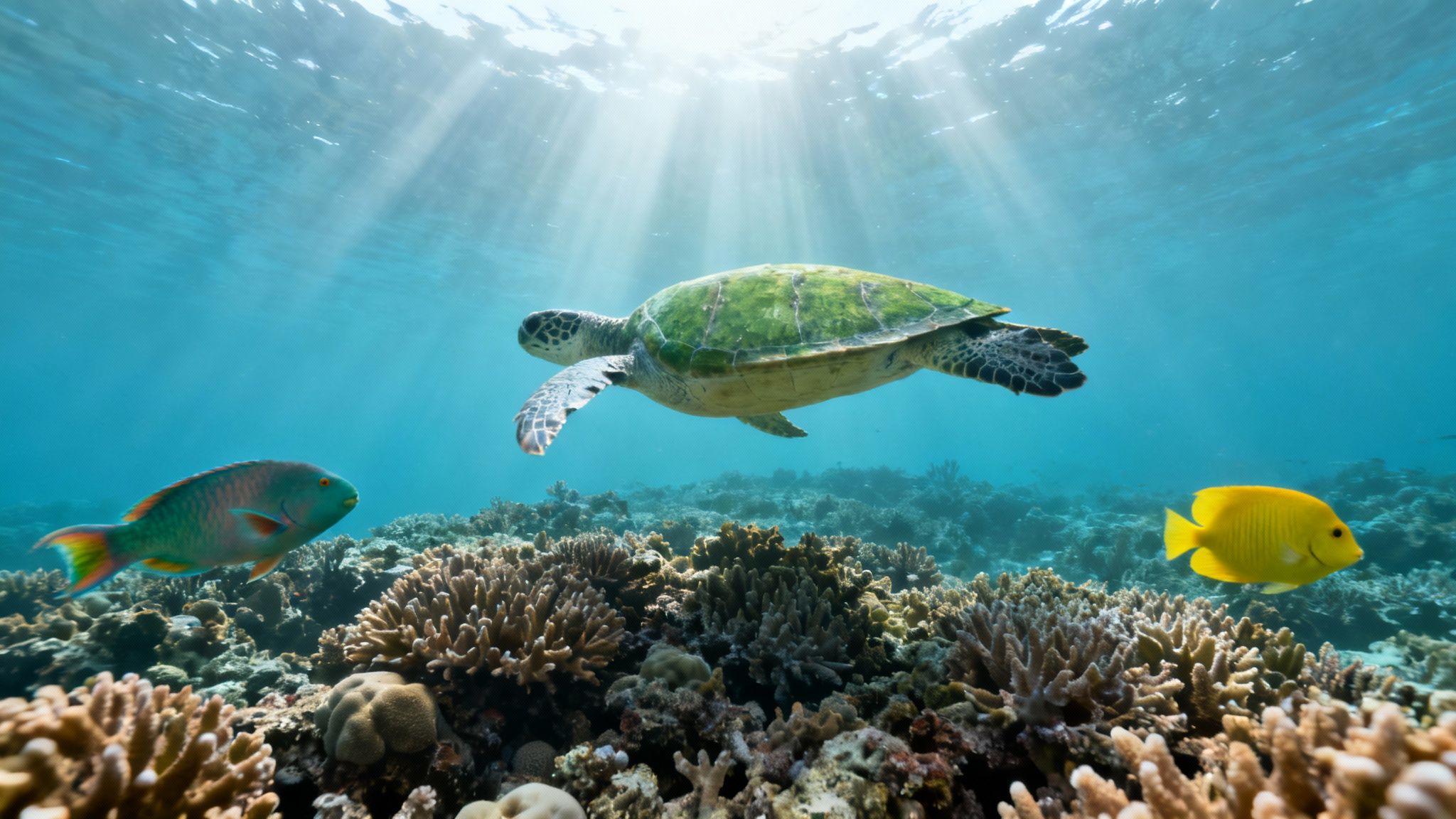 Sun-dappled green sea turtle swims above a bustling coral reef with a parrotfish and yellow tang.
