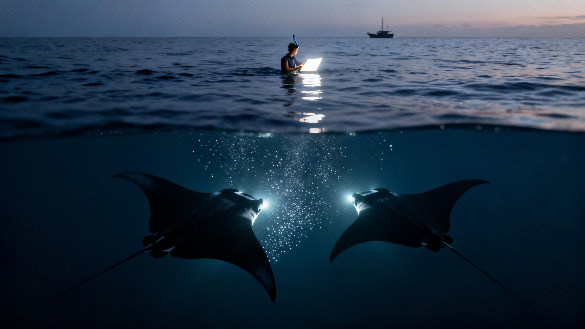 Split view of a snorkeler holding a light, attracting two manta rays underwater at night.