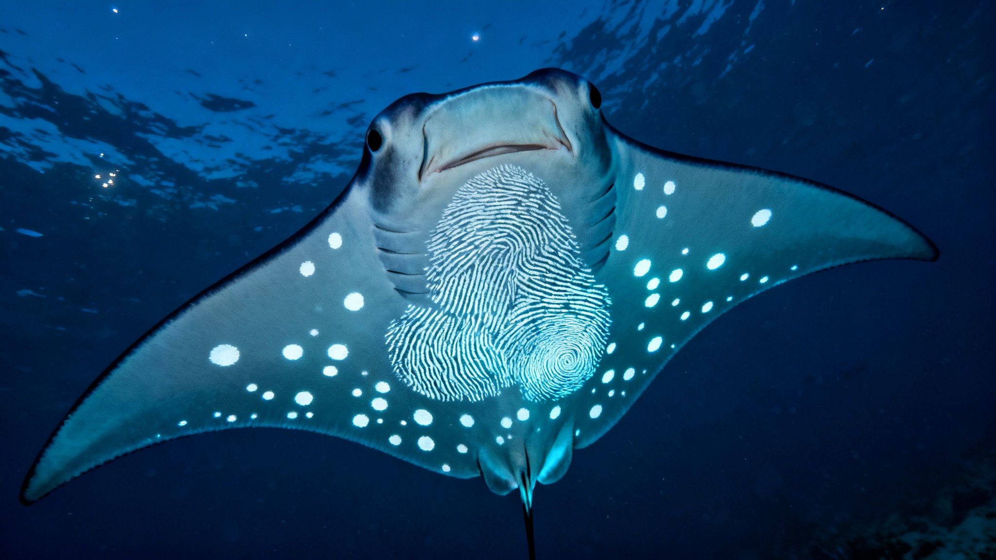 A unique spotted manta ray with a glowing fingerprint pattern on its underside, swimming in deep blue water.