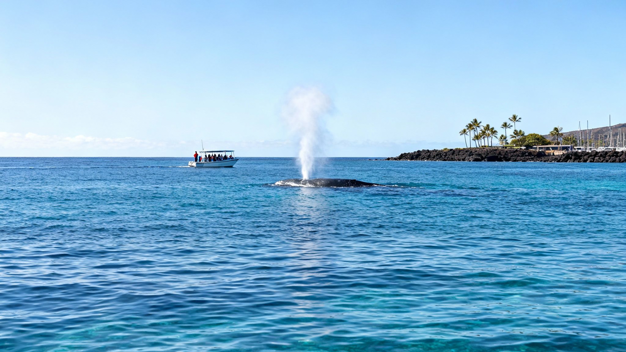 A humpback whale spouts a tall plume of water near a tour boat and tropical coastline.