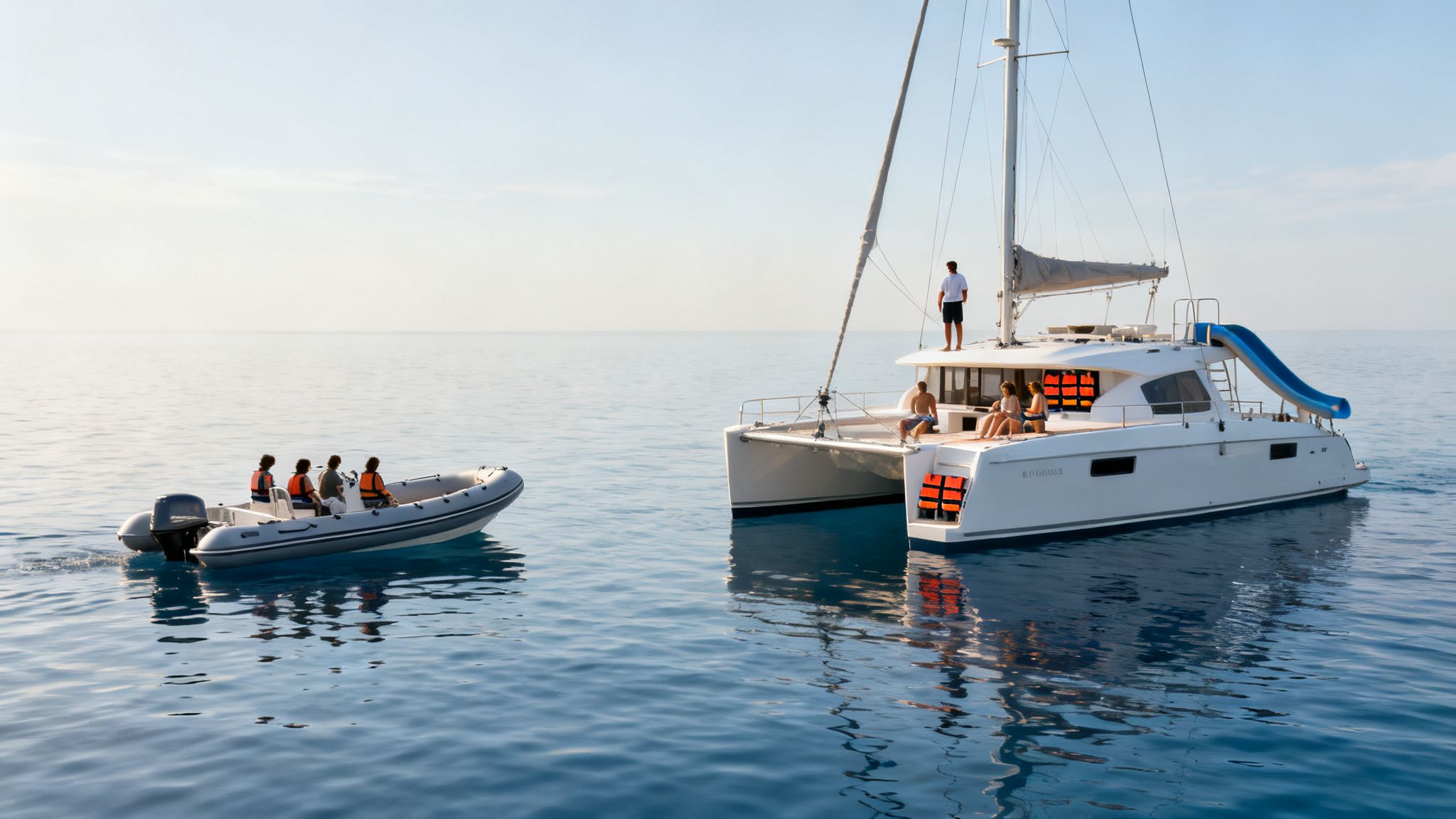 A group of people on a white catamaran and a small dinghy on the calm blue sea.