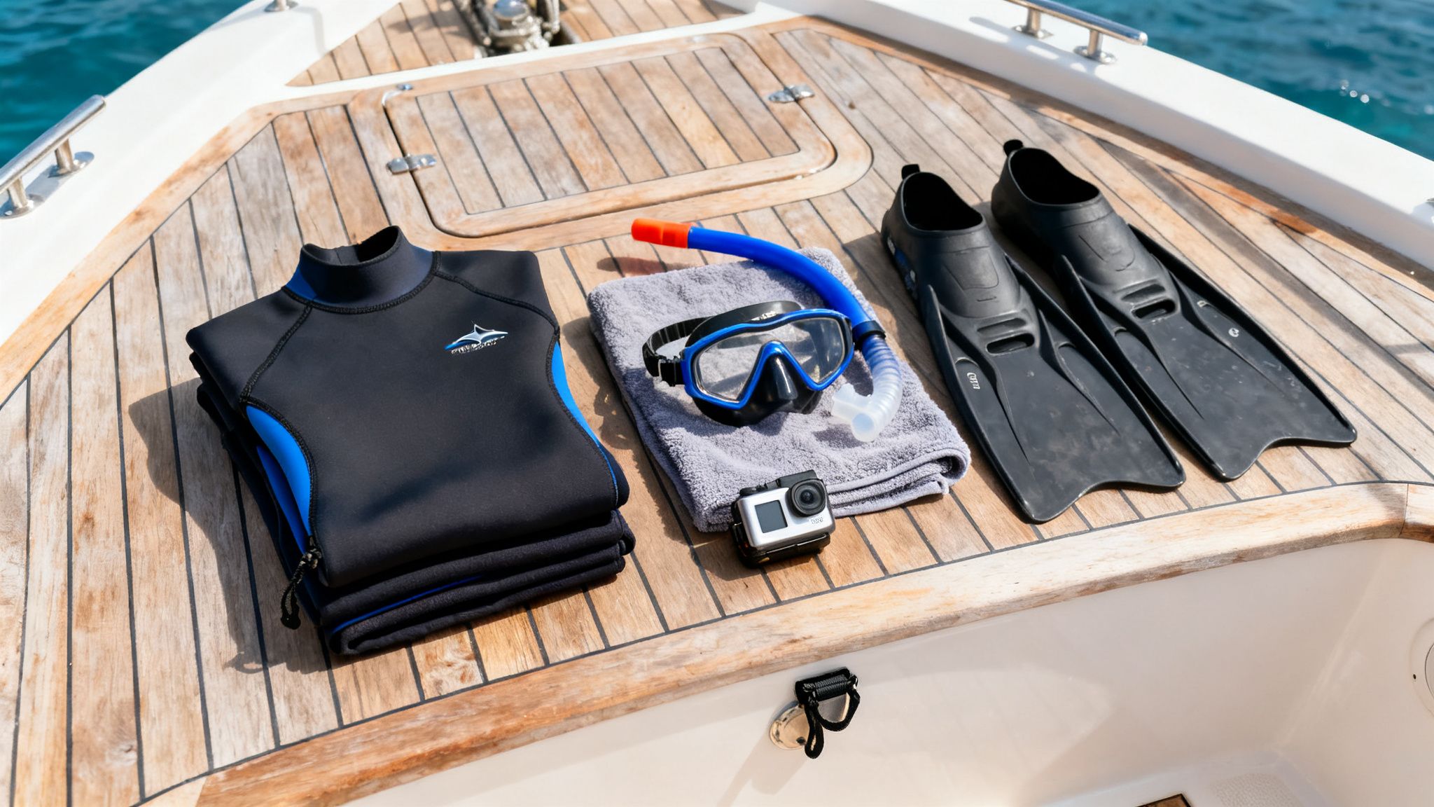 Snorkeling gear, including a wetsuit, mask, snorkel, fins, and camera, laid out on a boat deck.