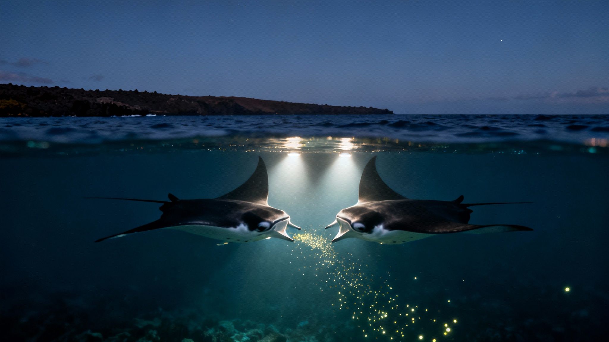 Two manta rays illuminated by light feed on glowing plankton under a dark night sky.