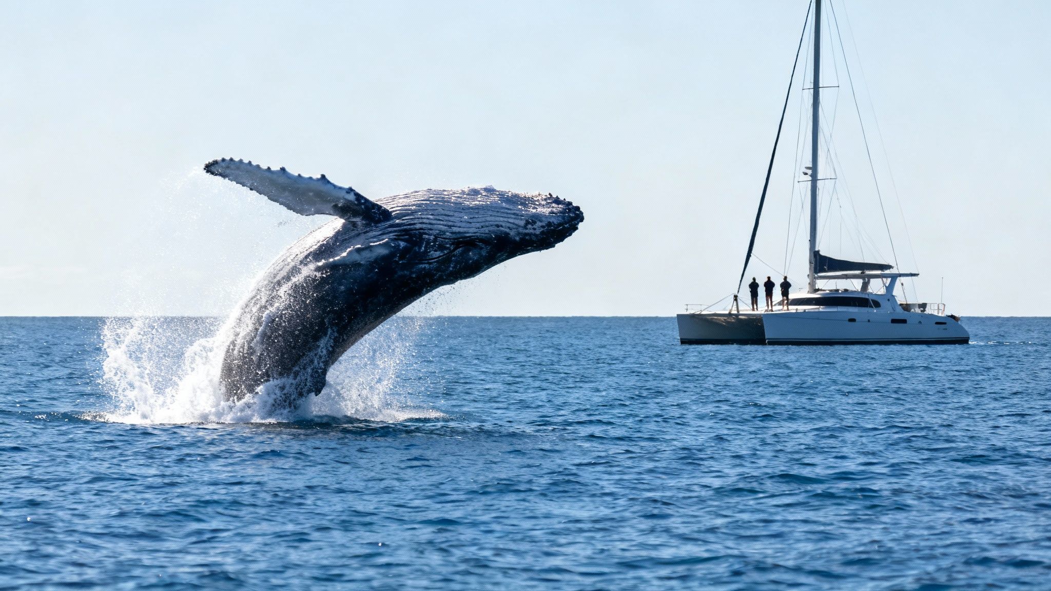 A group of tourists enjoying a whale watching tour off the Big Island of Hawaii