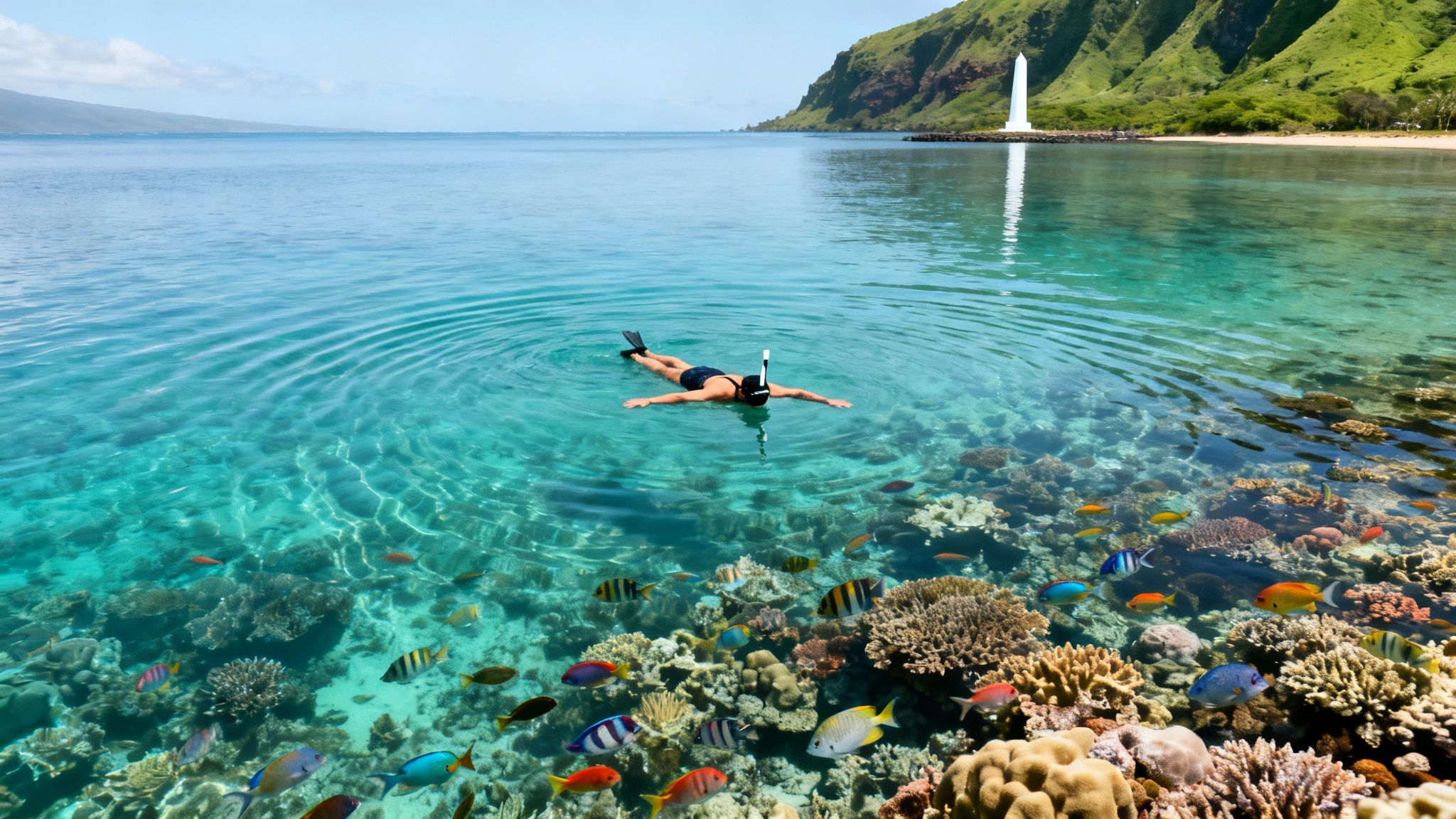 A person snorkels above a colorful coral reef teeming with fish in clear tropical waters near a green island.