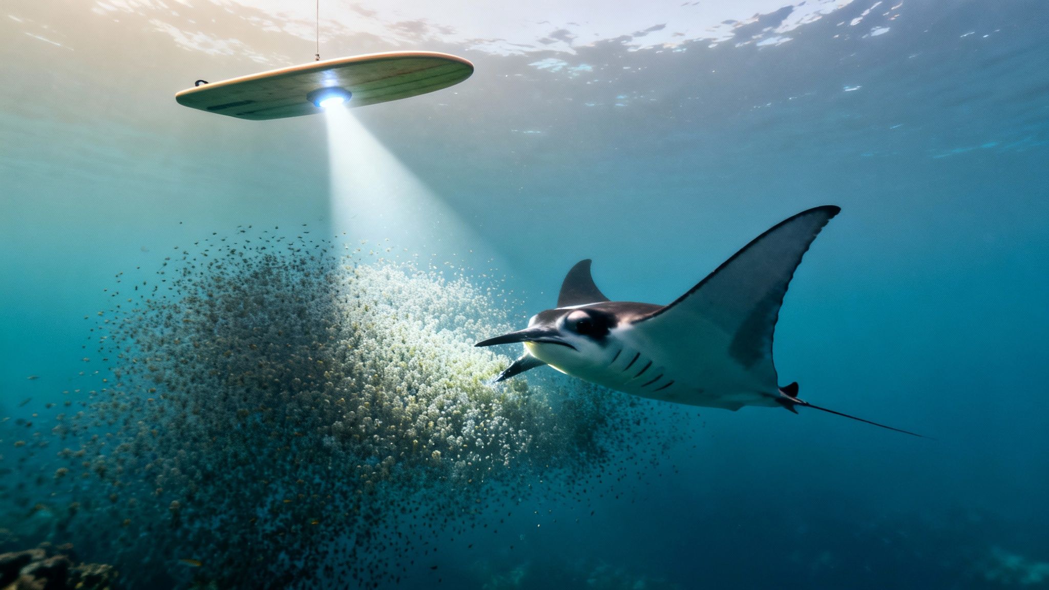 A majestic manta ray swims underwater near a glowing light beam illuminating a dense school of fish.