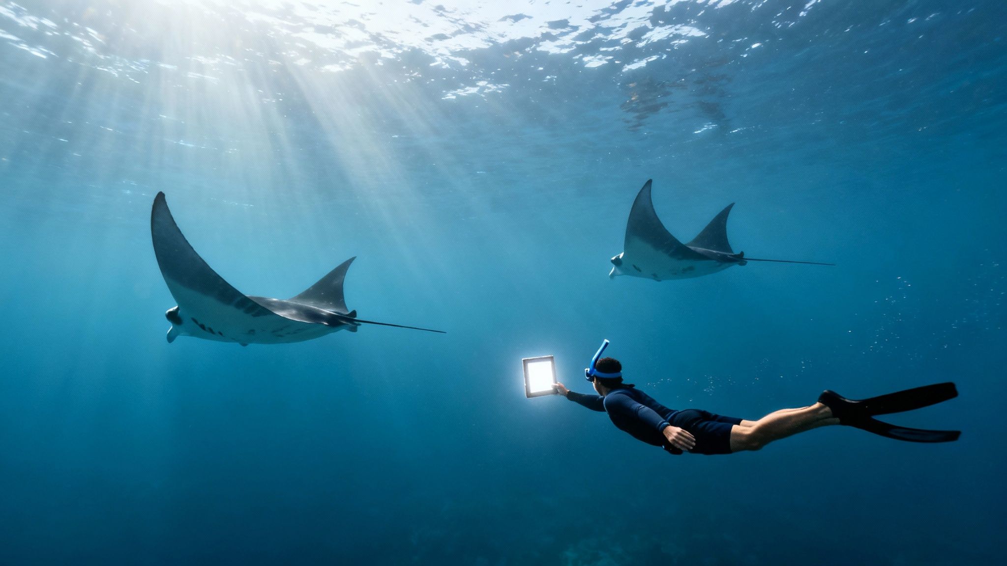 A diver with a glowing screen approaches two manta rays underwater, illuminated by sunbeams.