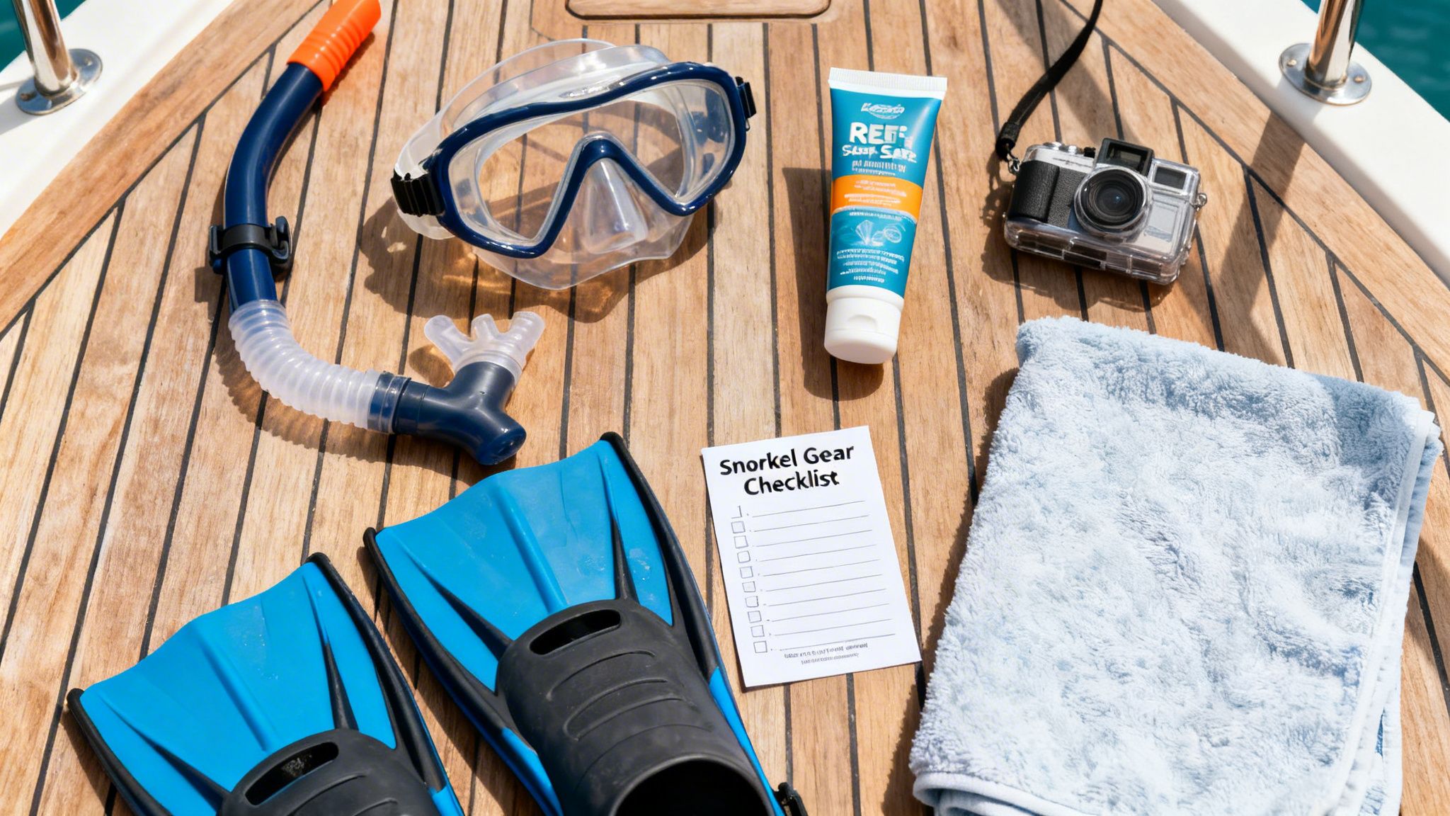 Snorkeling gear laid out on a wooden boat deck, including mask, snorkel, fins, sunscreen, camera, and a towel.