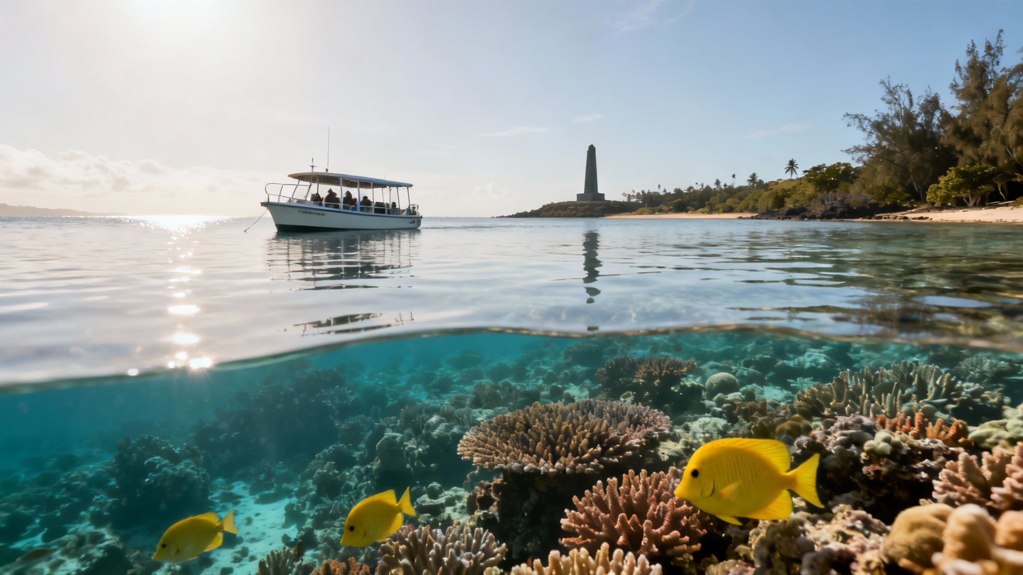A boat tour in Kealakekua Bay, showing the Captain Cook Monument and vibrant coral reefs.