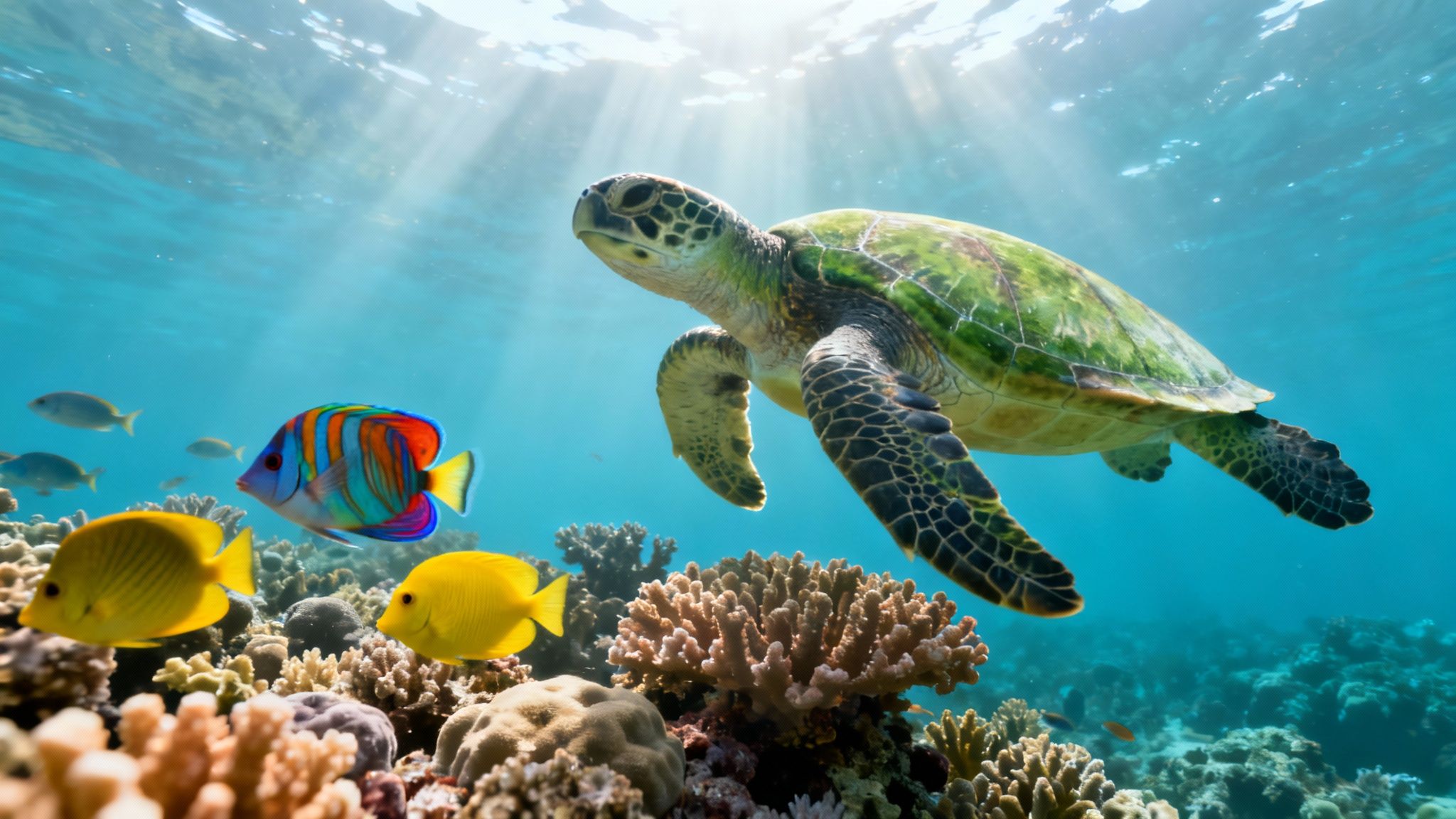 A majestic green sea turtle swims above a vibrant coral reef filled with colorful tropical fish, illuminated by sun rays.