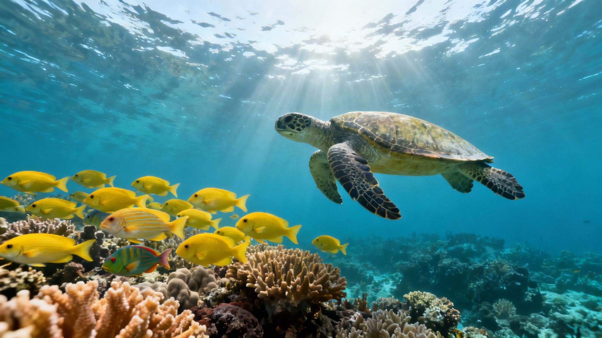 A green sea turtle swims among yellow fish and a coral reef under sunlit blue water.
