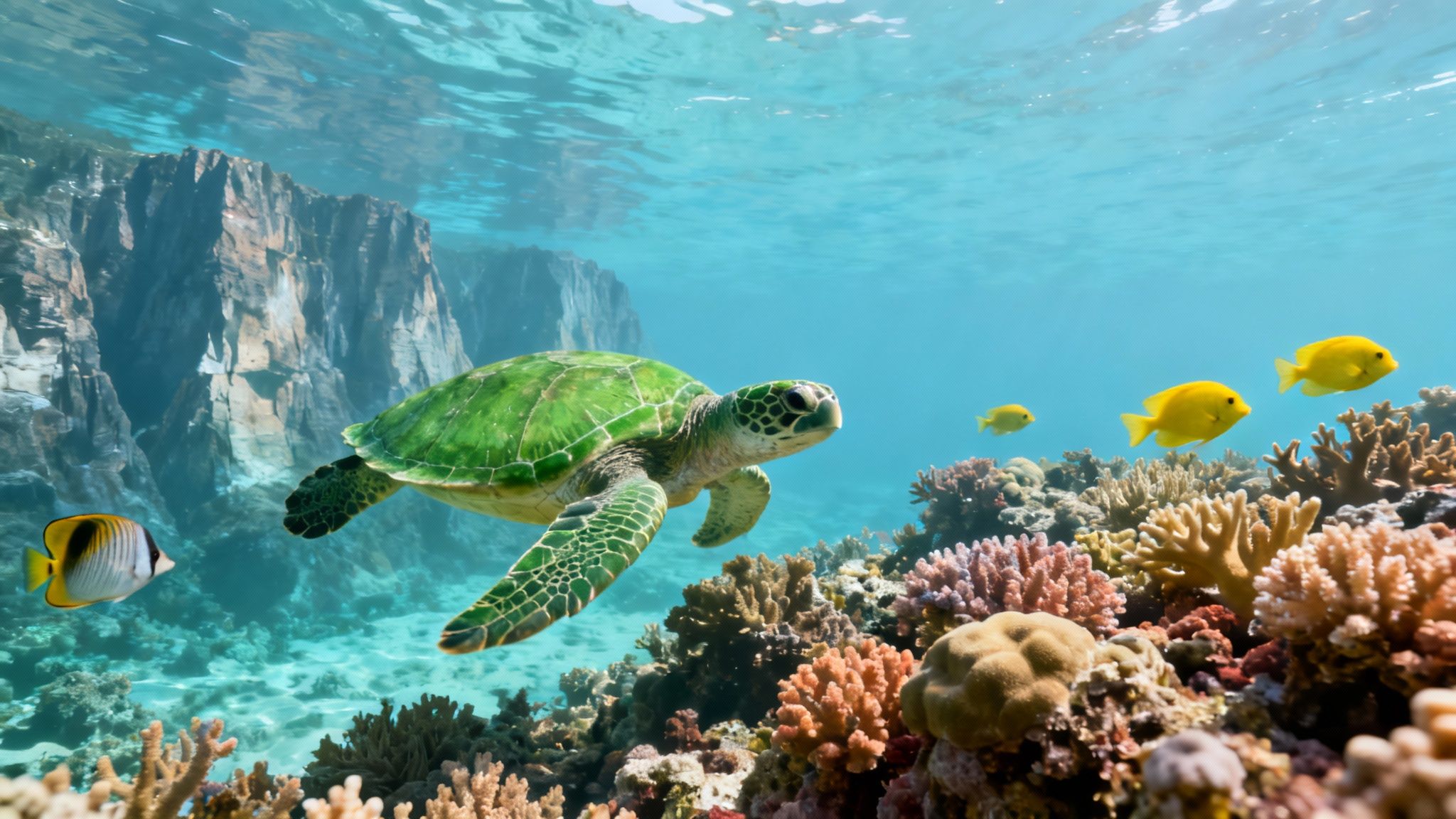 A vibrant underwater scene with a green sea turtle swimming over coral reefs, yellow fish, and ancient rock formations.