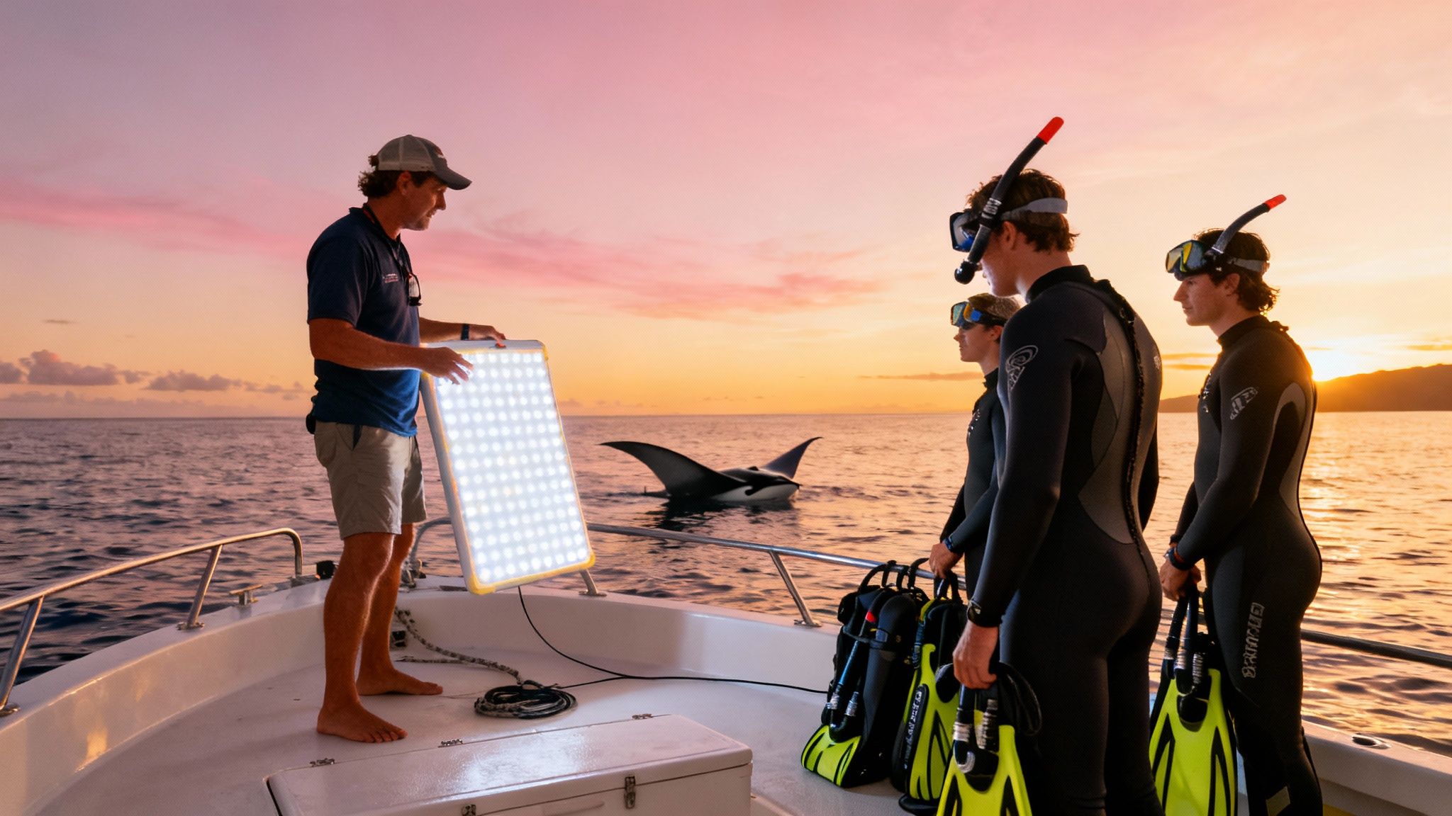 A man lights a manta ray with an LED panel on a boat, surrounded by snorkelers at sunset.