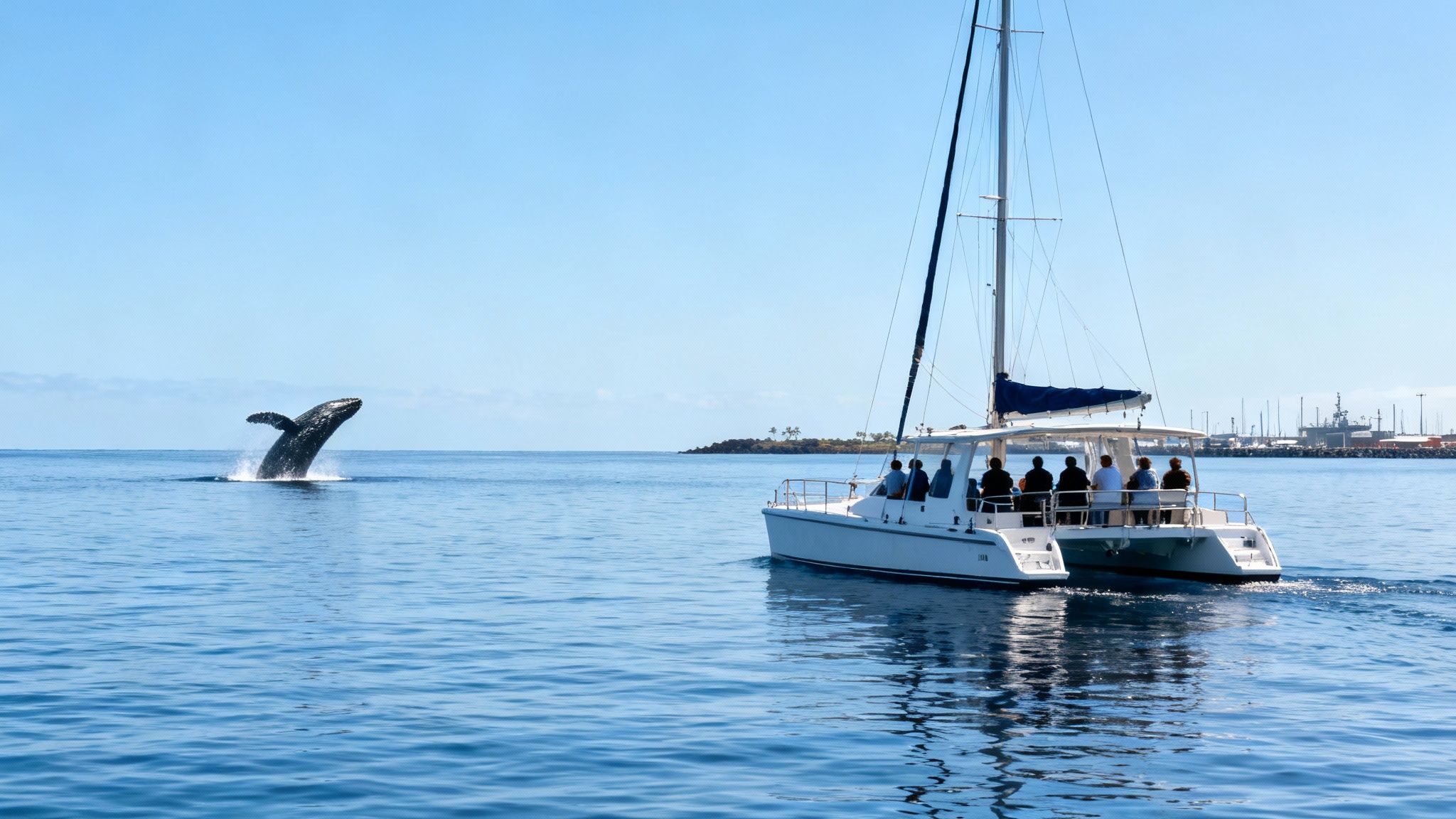 Humpback whale breaching near catamaran tour boat with passengers watching off Hawaii coast