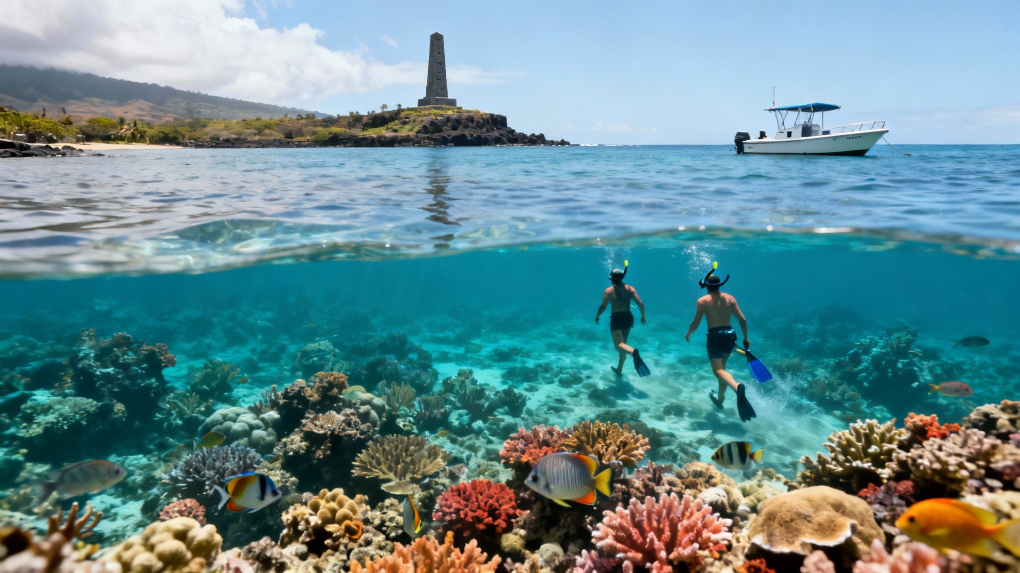 Two snorkelers exploring vibrant coral reef with tropical fish near historic monument and boat