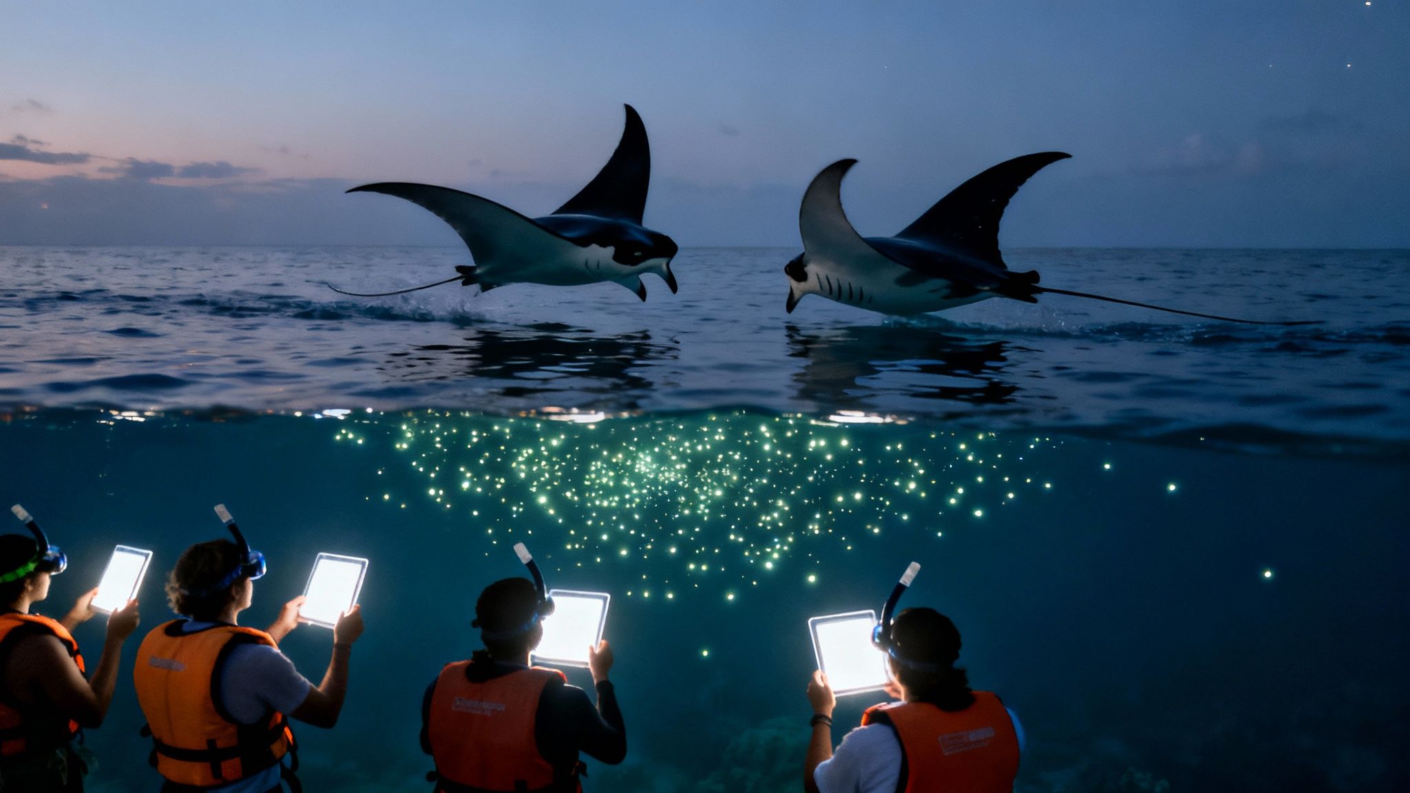 Snorkelers illuminating bioluminescent plankton to attract majestic manta rays at dusk in Kona, Hawaii.