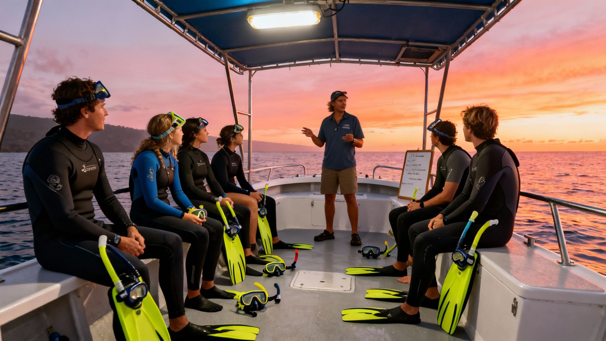 A group in wetsuits listens to an instructor on a boat during a sunset snorkeling briefing.
