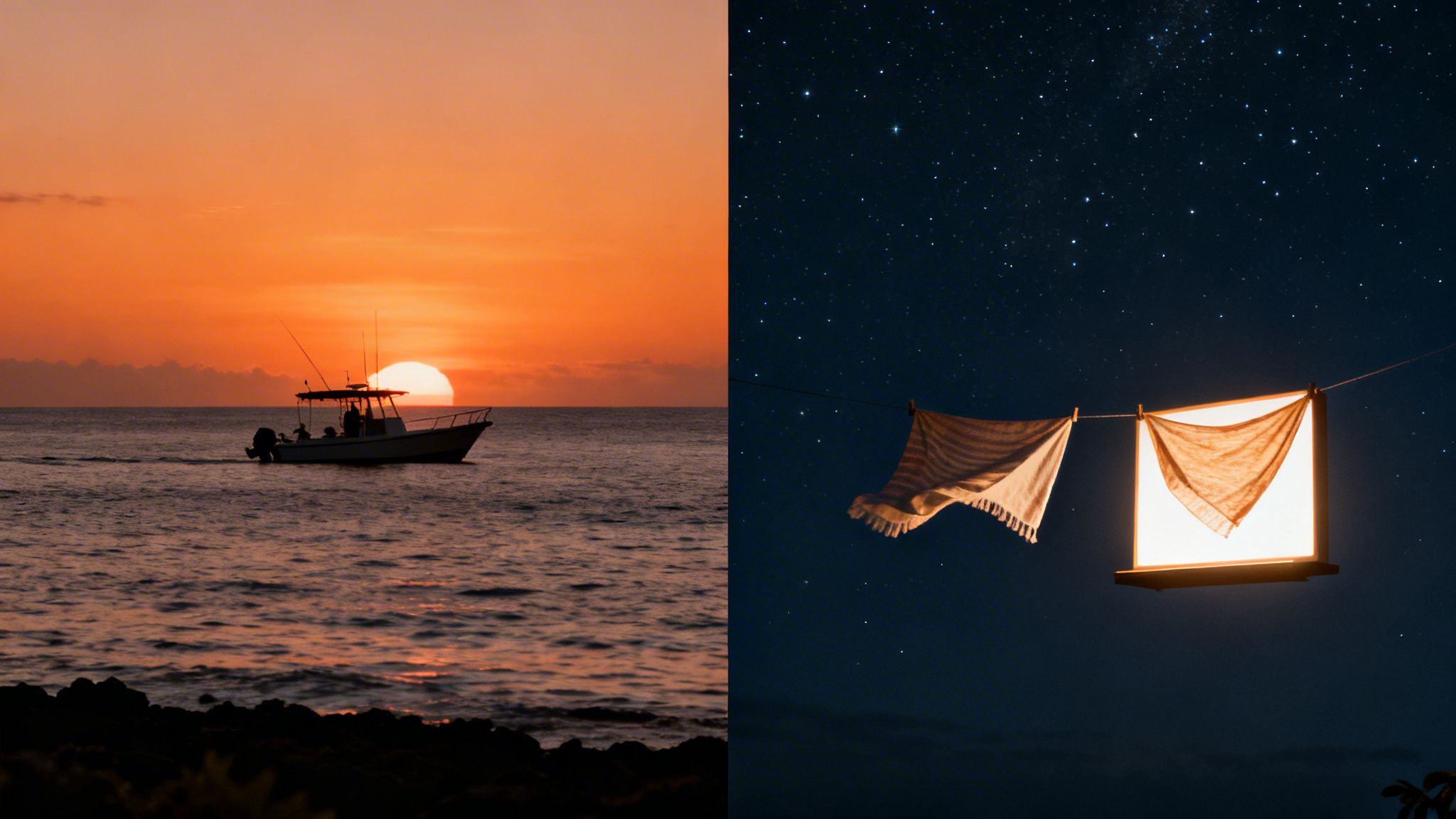 A diptych showing a boat on the ocean at sunset and clothes under a starry night sky.