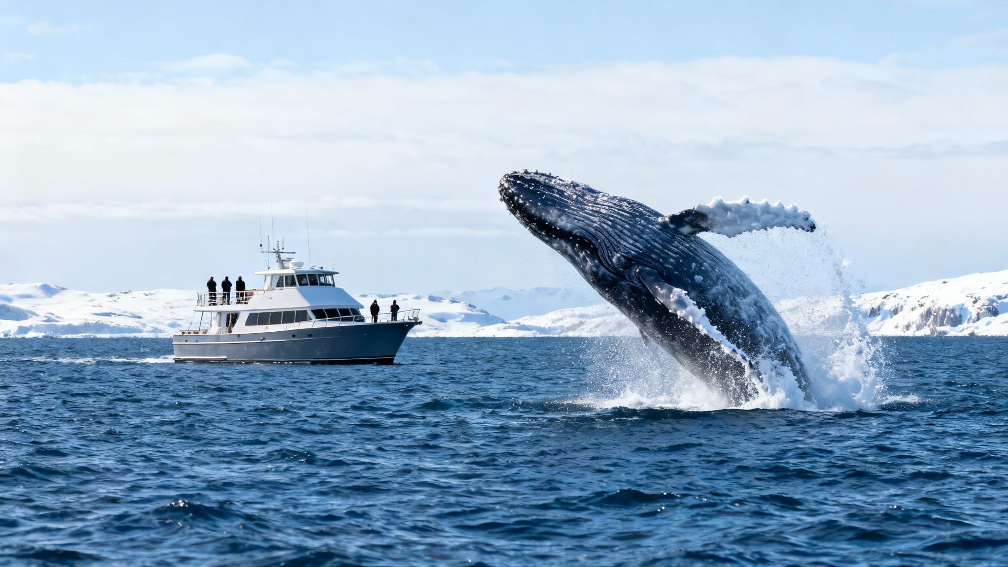 A humpback whale breaches powerfully out of the water next to a boat, with snow-capped mountains in the background.