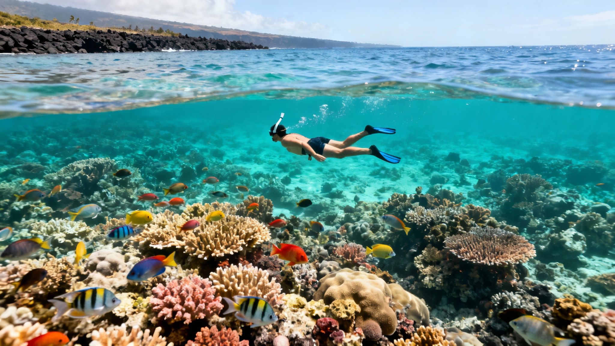 A man snorkeling over a colorful coral reef teeming with tropical fish, with the ocean surface and coastline above.